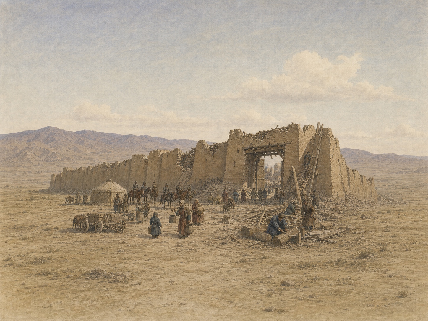 Outside a damaged earthen city gate, people carry timber and bundles and work around ladders while mounted guards watch from a distance