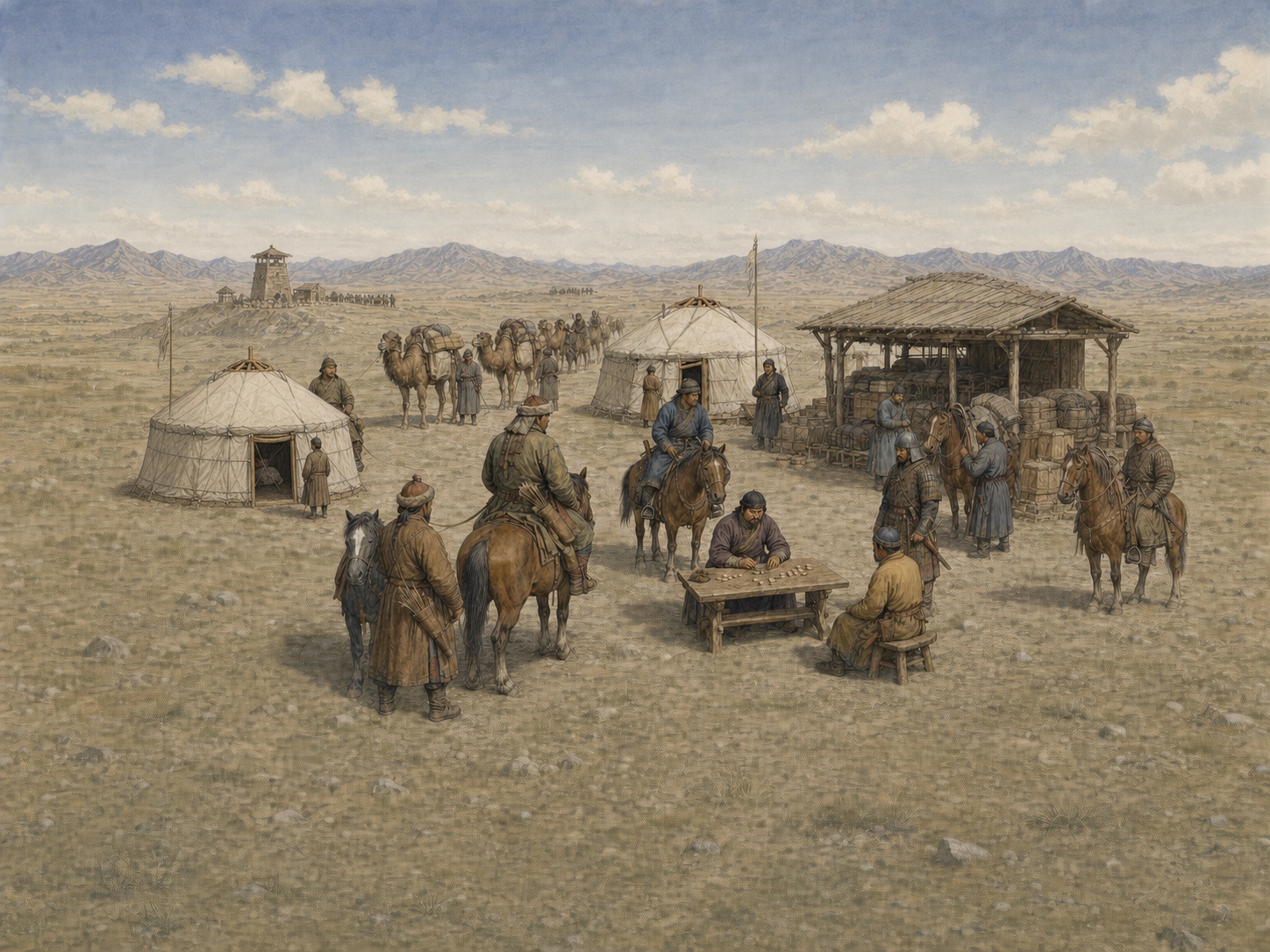 At a mountain-lined steppe station, camel caravanners and mounted travelers move between exactly two felt tents and one storehouse while an administrator arranges tally pieces on a low table