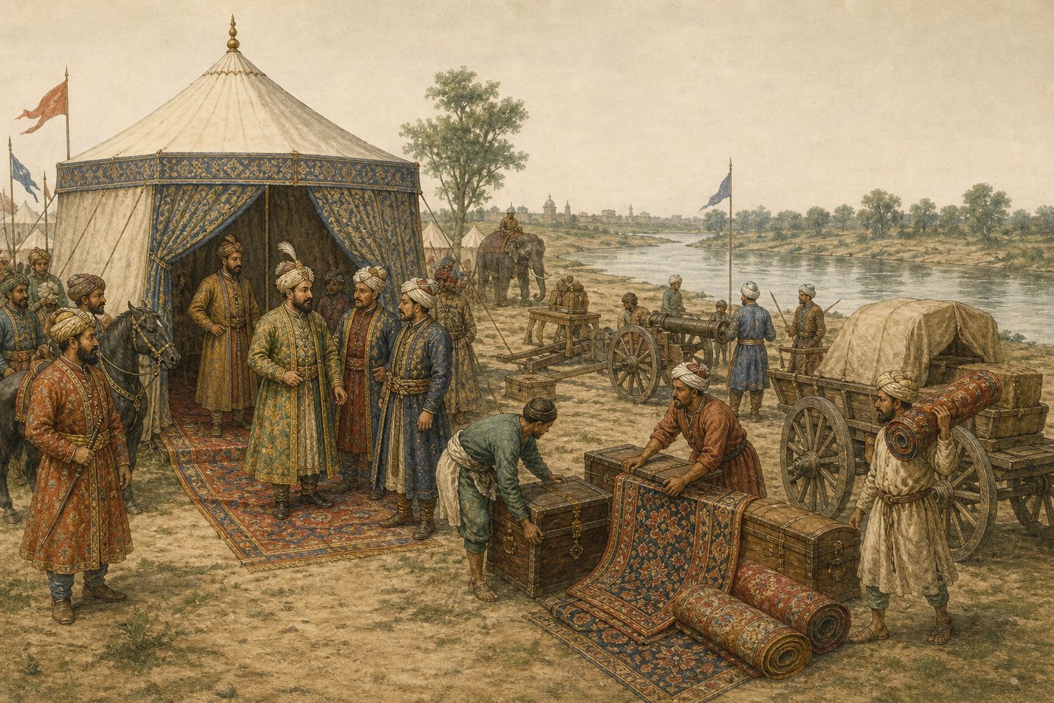 People carry court documents and supplies through a city gate by the river