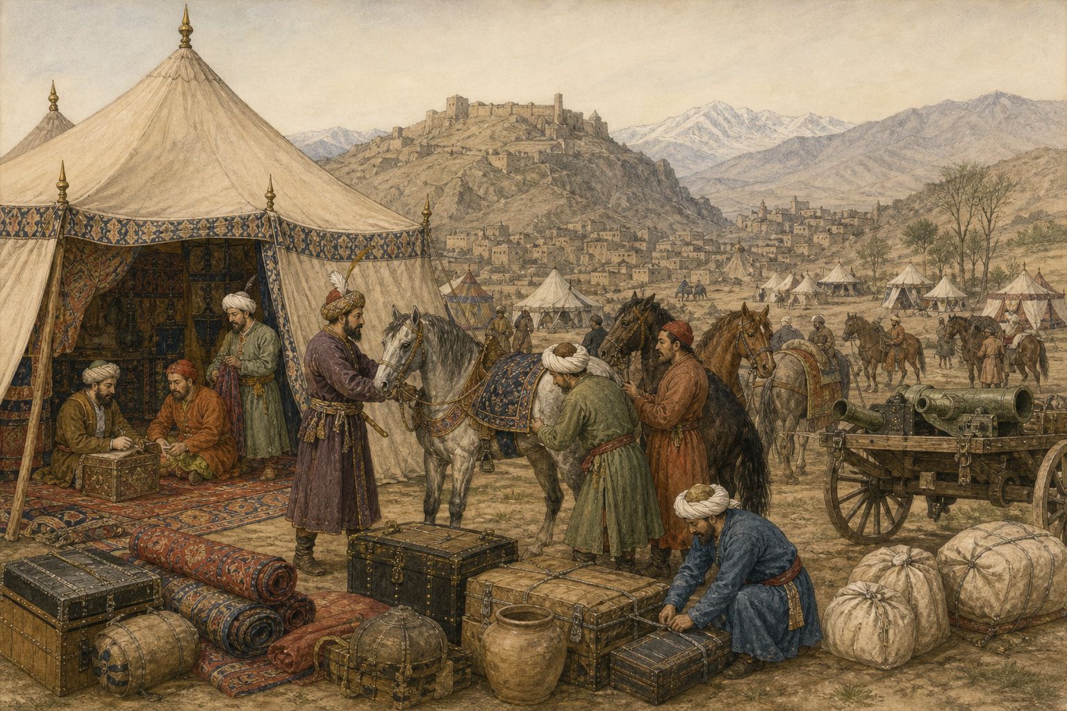 People prepare expeditionary loads and maps at a Kabul fortress beneath the mountains