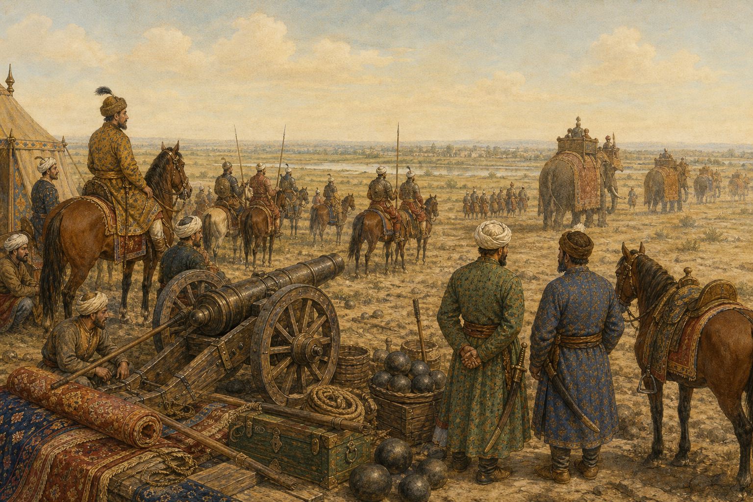 Commanders receive news of victory before artillery positions and elephants on the plain