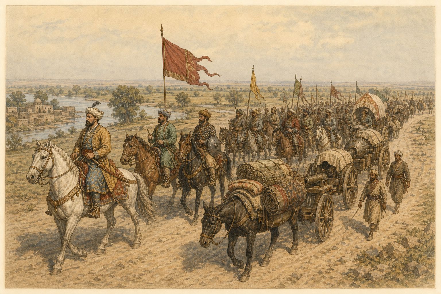 Artillery and cavalry follow the Punjab road toward a settlement by the river