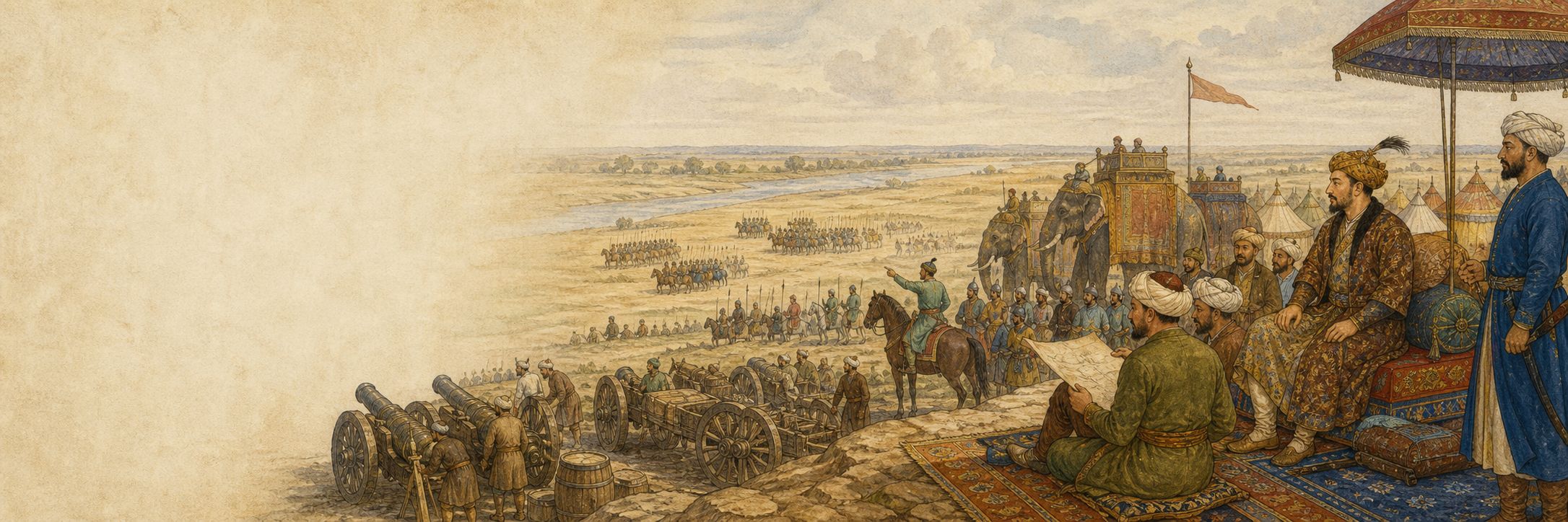 People study a map at a North Indian court while planning an empire with artillery and elephants