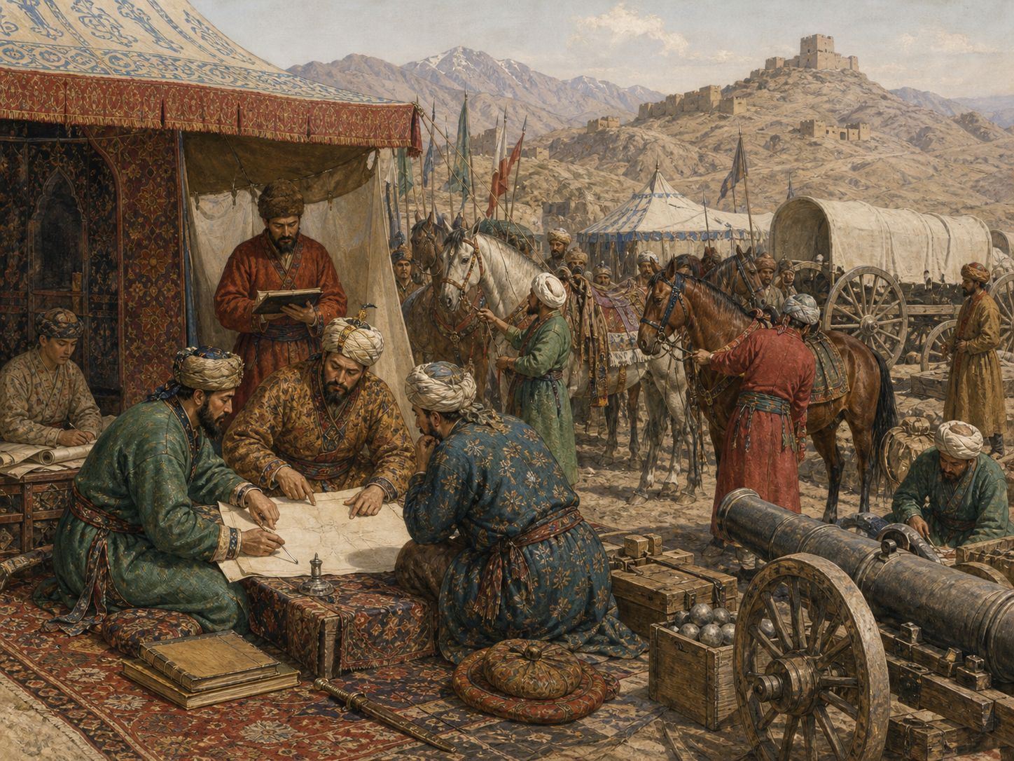 Soldiers and scribes plan a campaign from the fortress of Kabul toward India