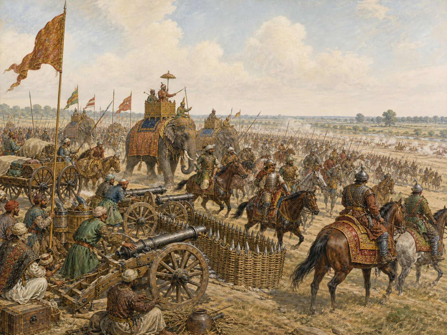 Artillery, cavalry, and elephants move across the plains of northern India