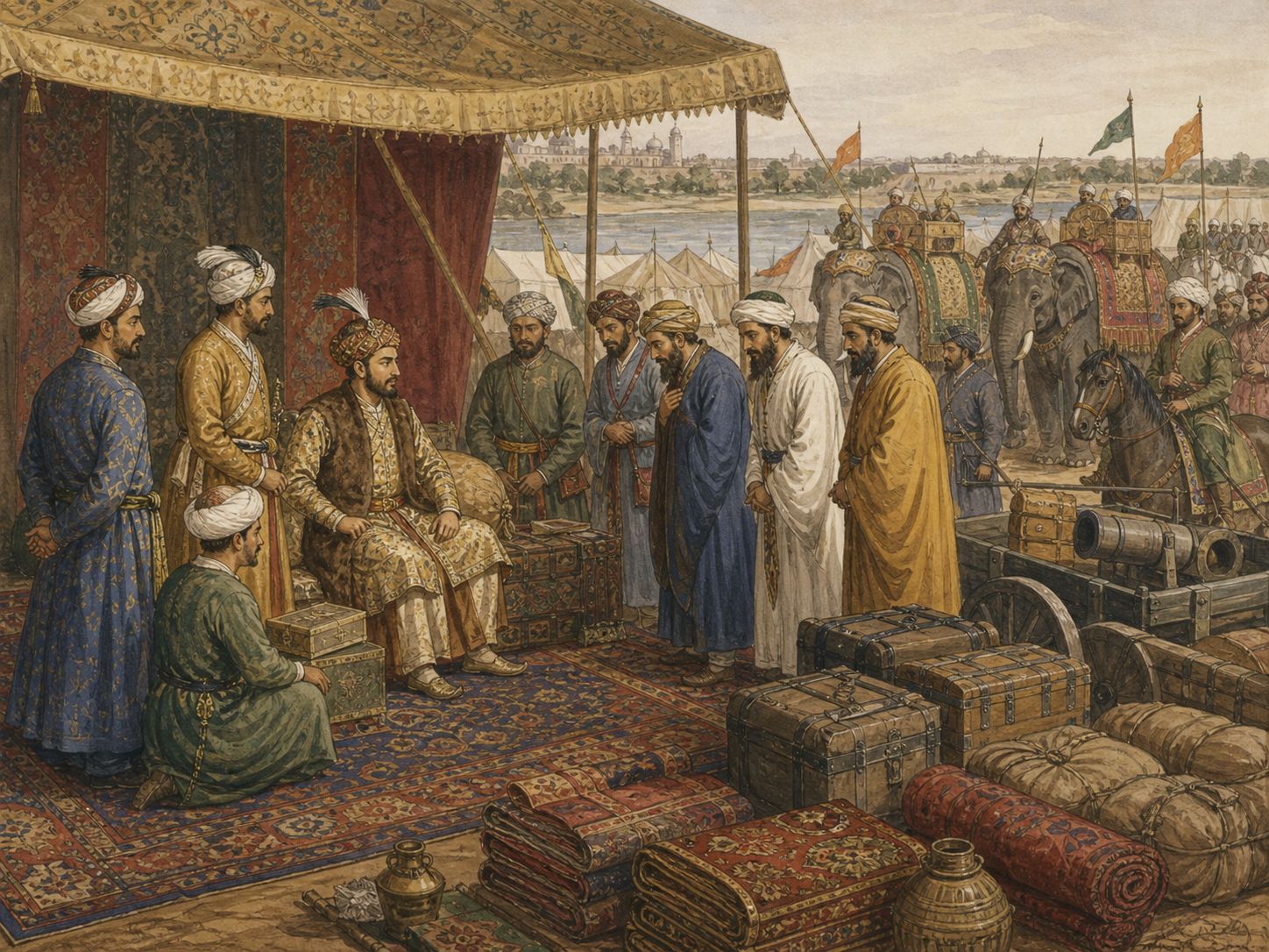 People discuss the postwar arrangement of land and court near Delhi