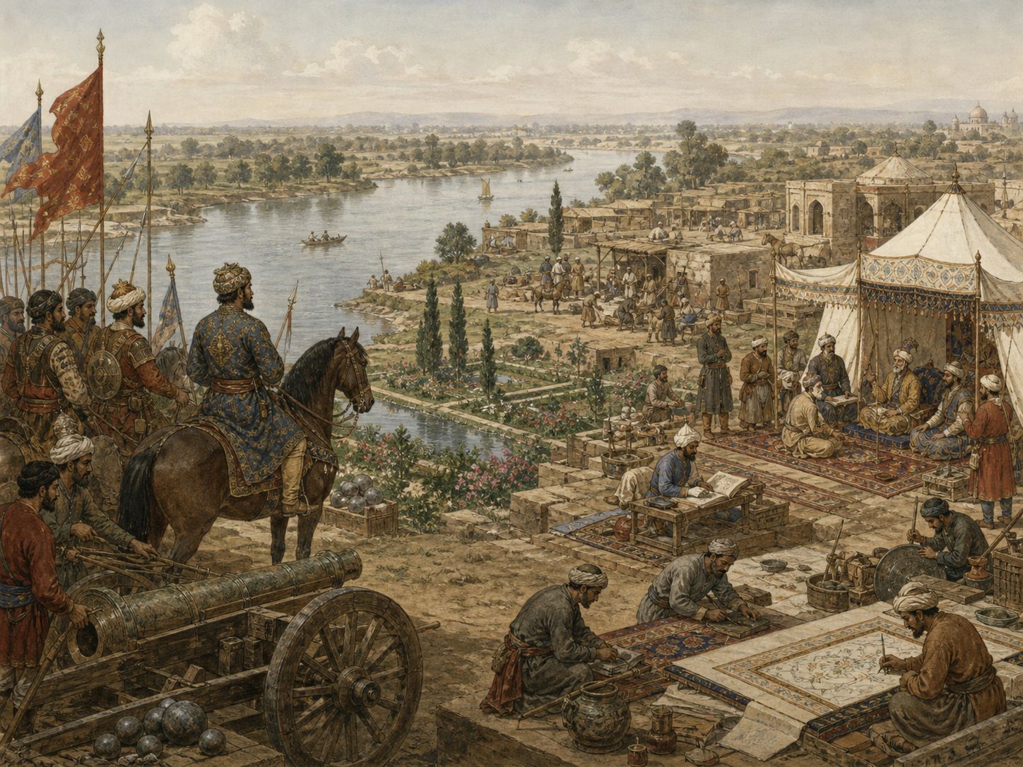 Mughal officials organize maps and records in the court at Agra
