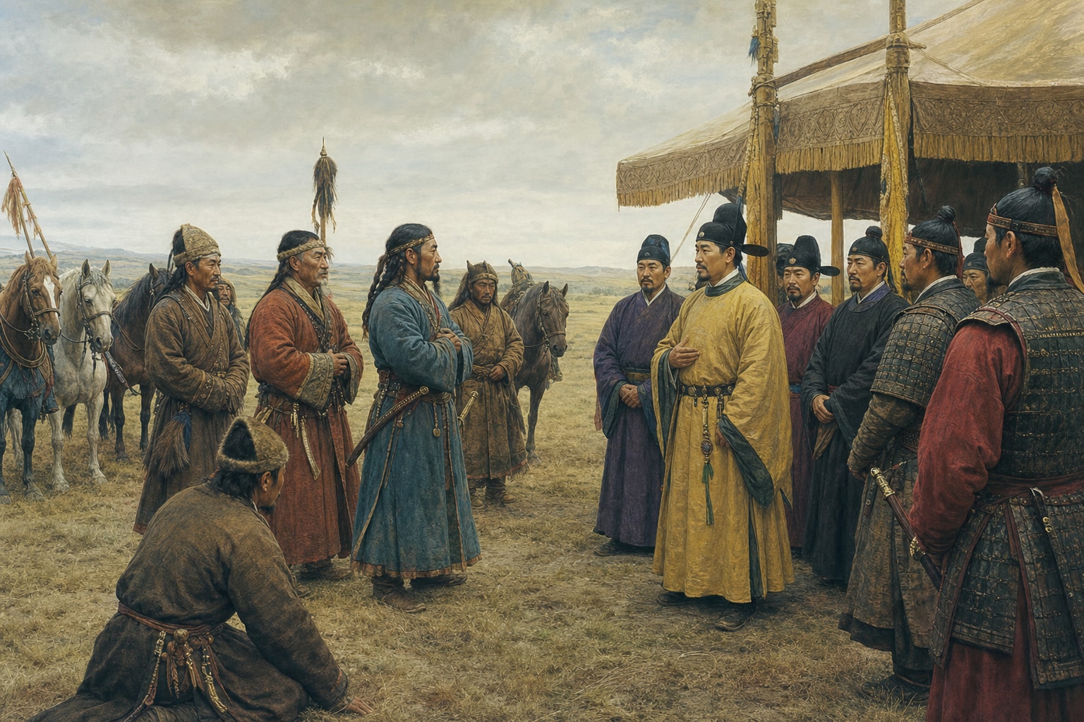 Eastern Turkic envoys meeting Tang civil and military officials beside a pavilion on the steppe