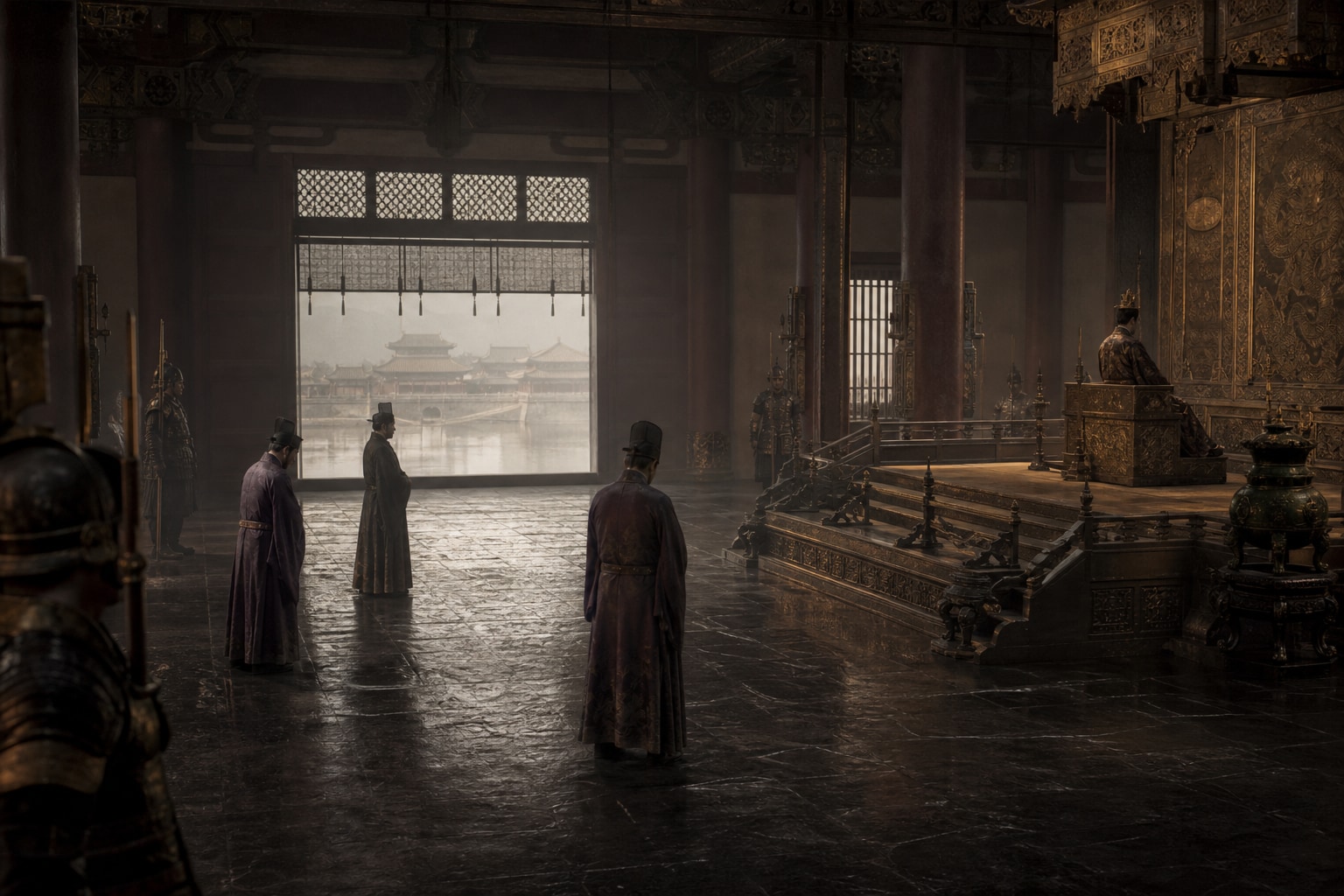 An isolated emperor seated deep inside a broad palace hall apart from a few officials and guards