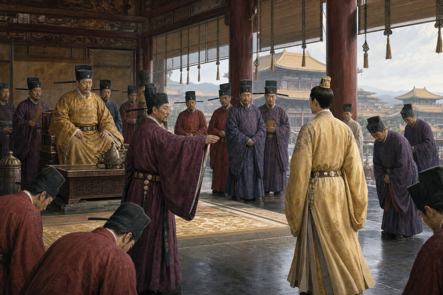 Senior officials bowing as a young successor is received during a formal court audience