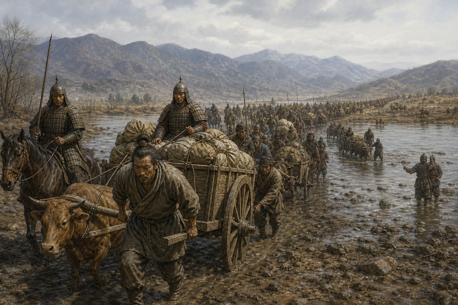 A long Sui supply convoy of ox carts and soldiers crossing a shallow river in mountain country