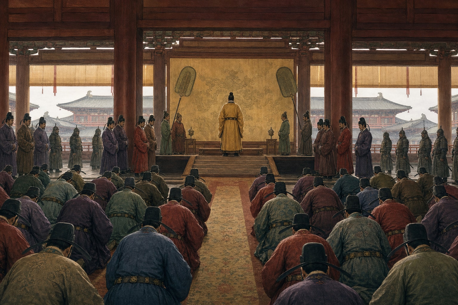 Rows of officials bowing before a new ruler during an enthronement in Chang'an