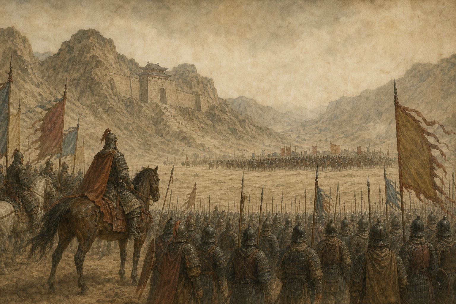 Cavalry and massed infantry facing an opposing army below a mountain pass during the Hulao campaign
