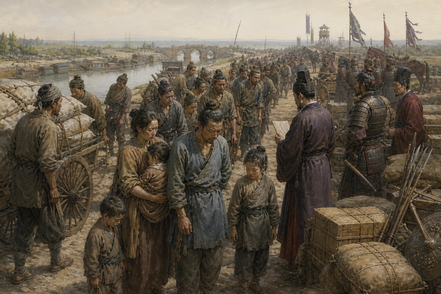 Families and laborers standing in a levy line beside officials and military supplies on a canal bank