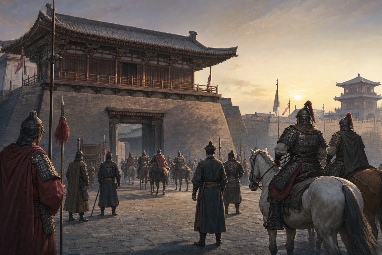 Mounted retainers and guards gathering tensely at a palace gate in the evening