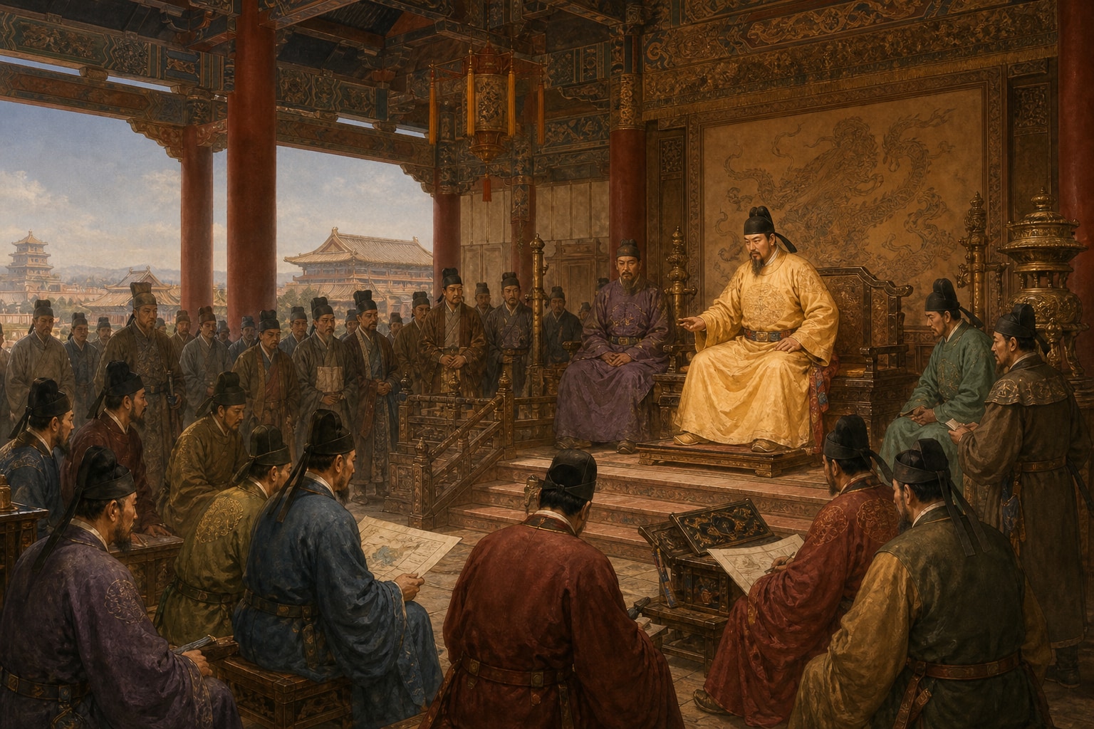 An emperor consulting assembled civil and military officials in a Chang'an court hall
