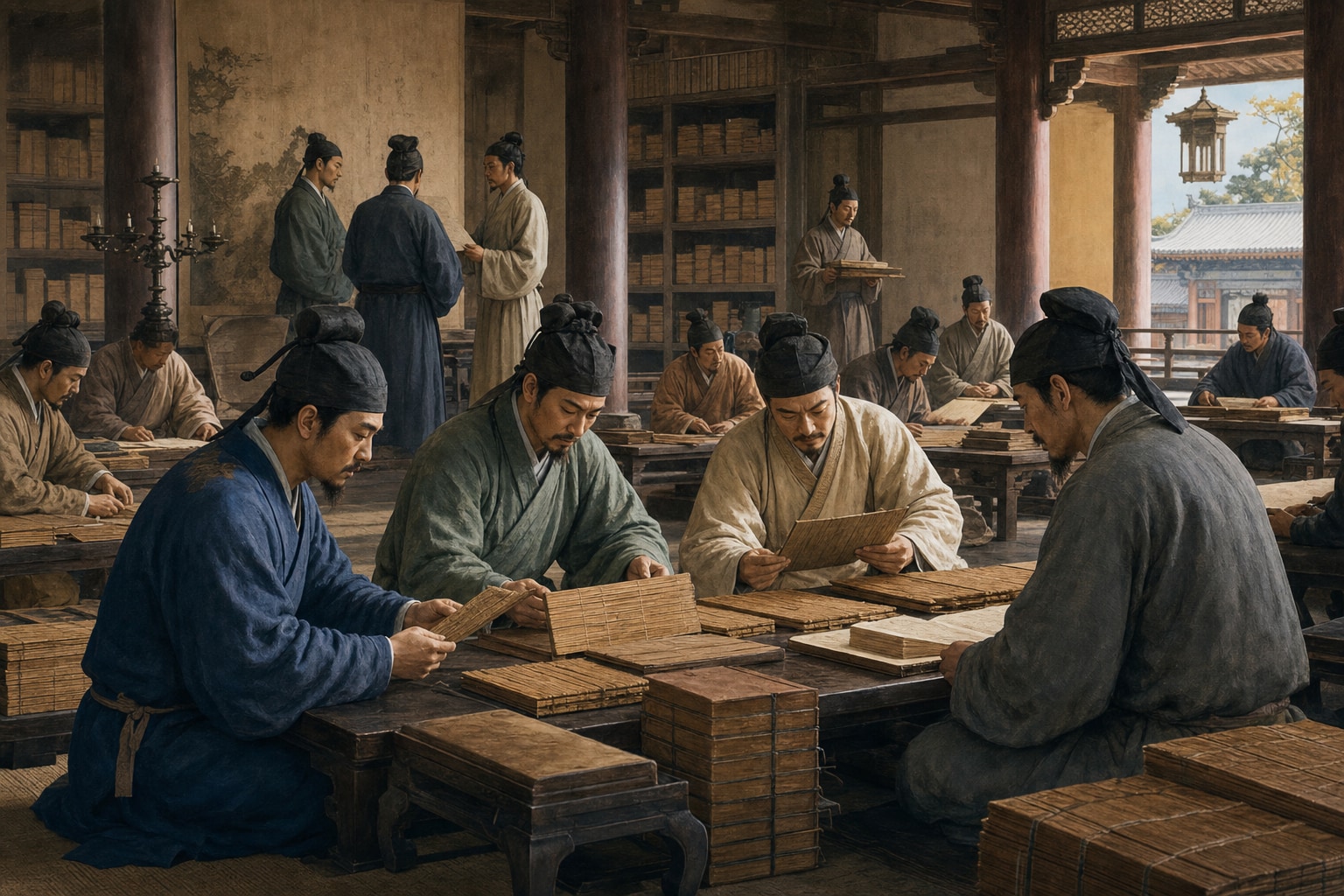 Scholars comparing bamboo slips and bound volumes around desks in a library workshop