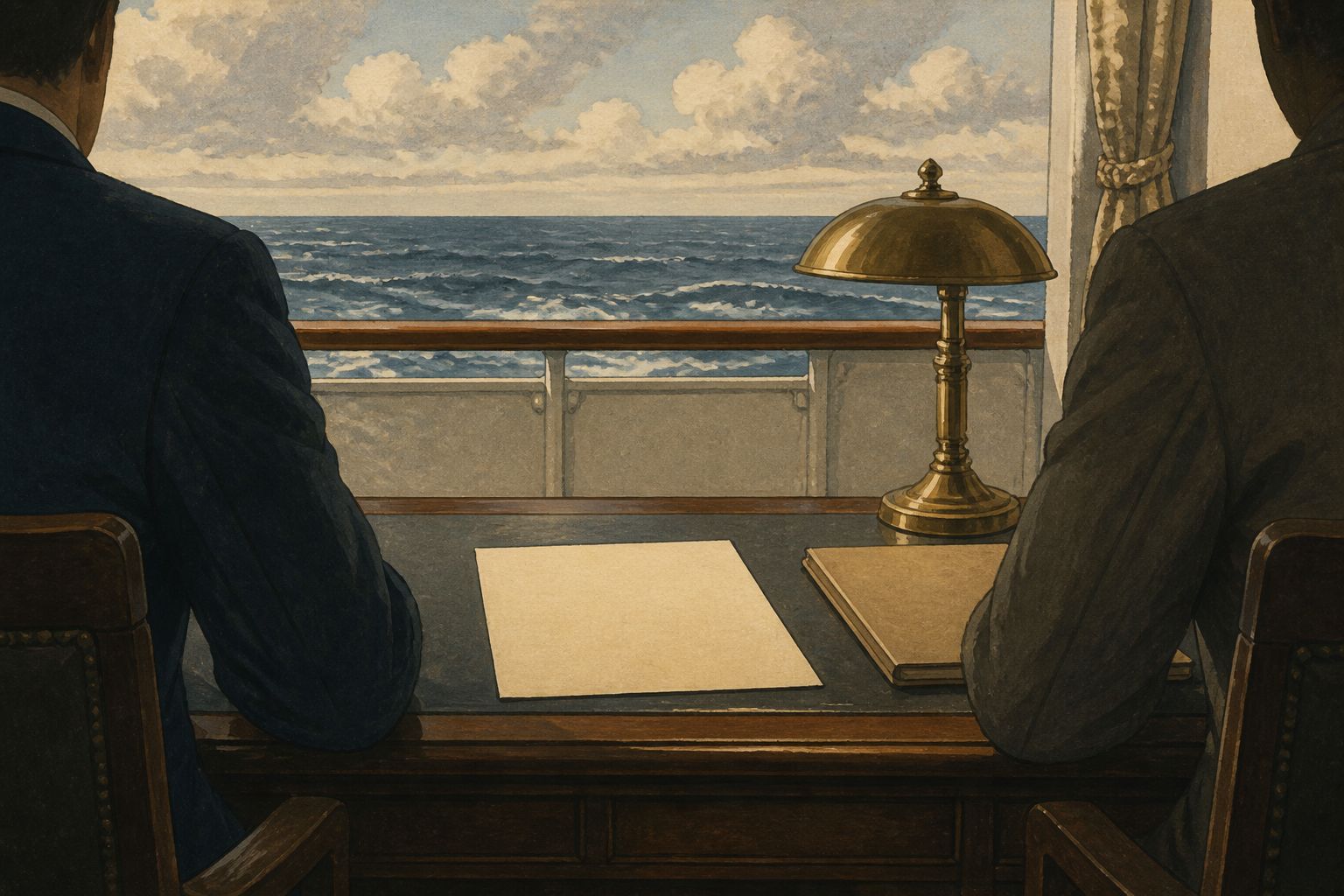 Two anonymous figures seen from behind sit with blank documents and a closed folder in a shipboard cabin — timeline The Atlantic Charter panel