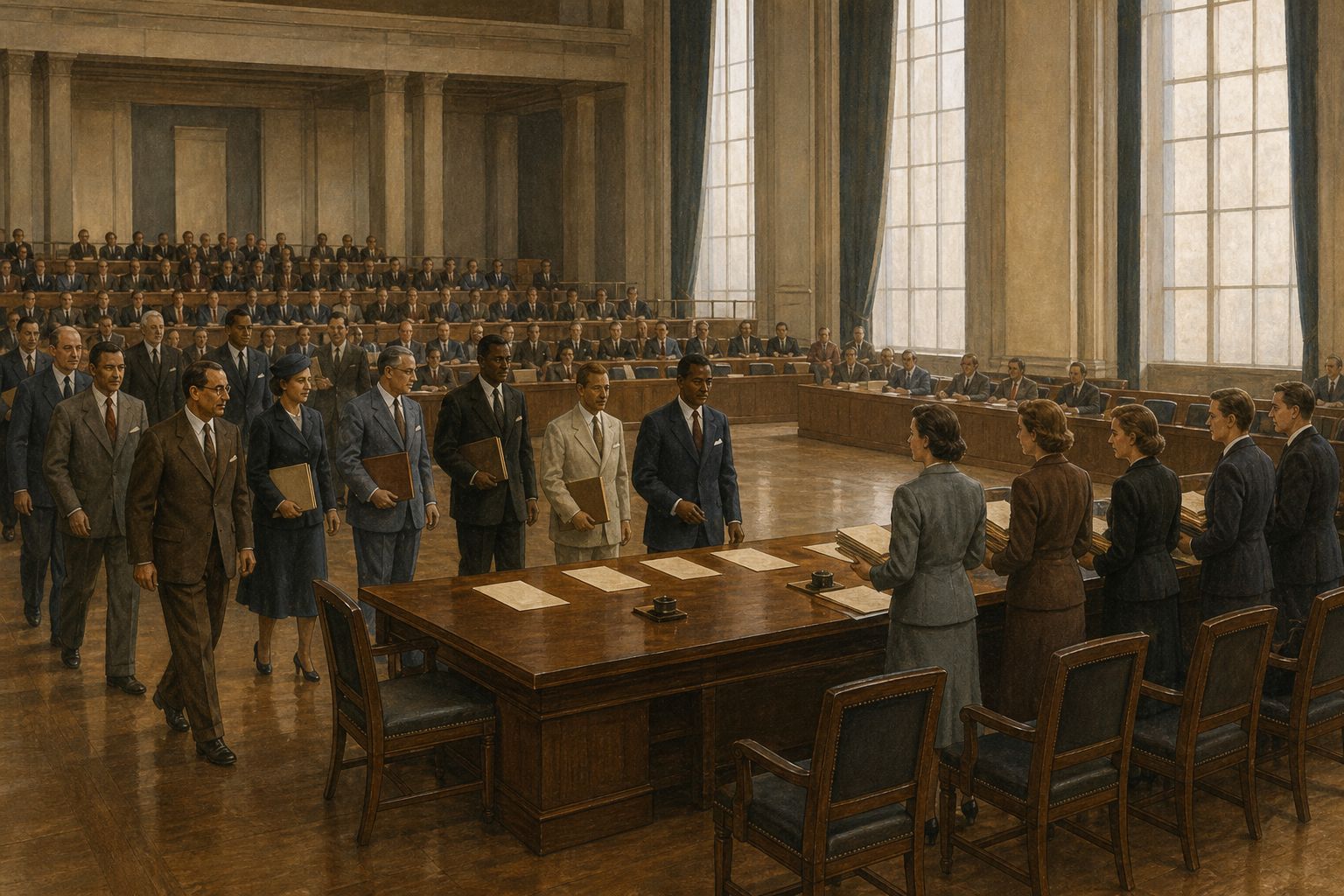 Delegates around a central table debate blank documents in a large hall with tall windows