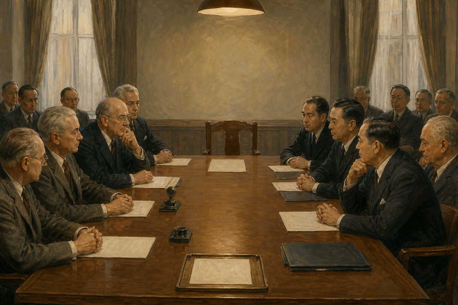 Delegates with opposing positions sit on both sides of a long table and consult blank documents