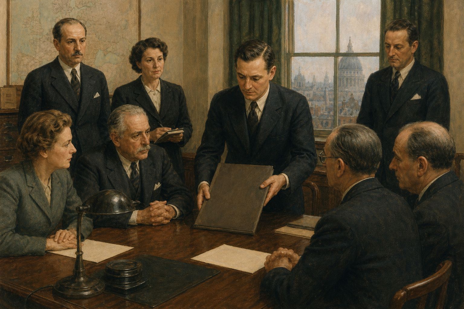 Delegates from different countries discuss a blank folder in a small conference room