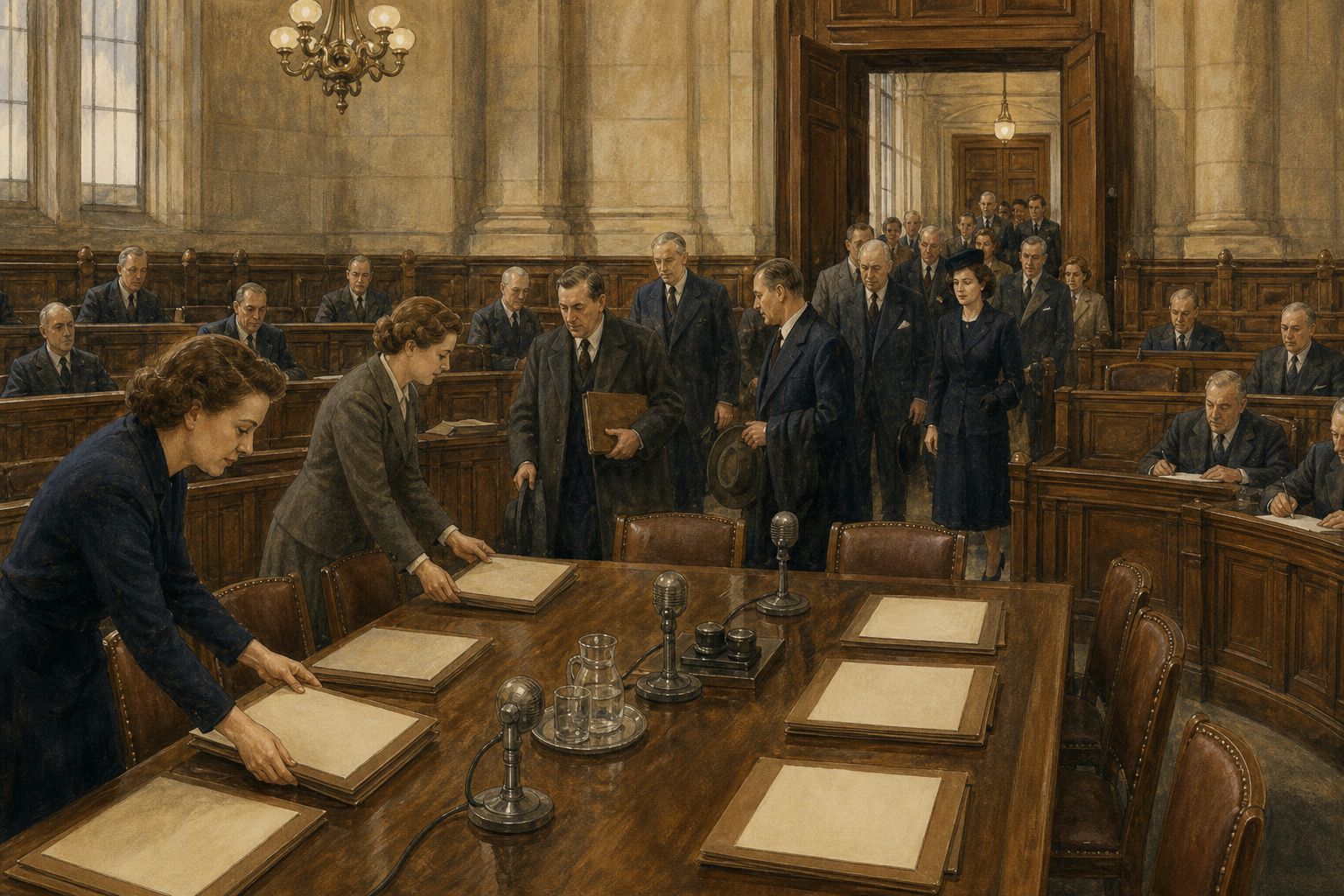 Officials arrange blank documents while delegates gather in a London chamber