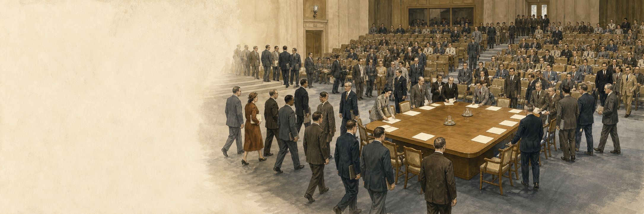 Delegates gather around a central table and blank documents in the 1945 San Francisco conference hall