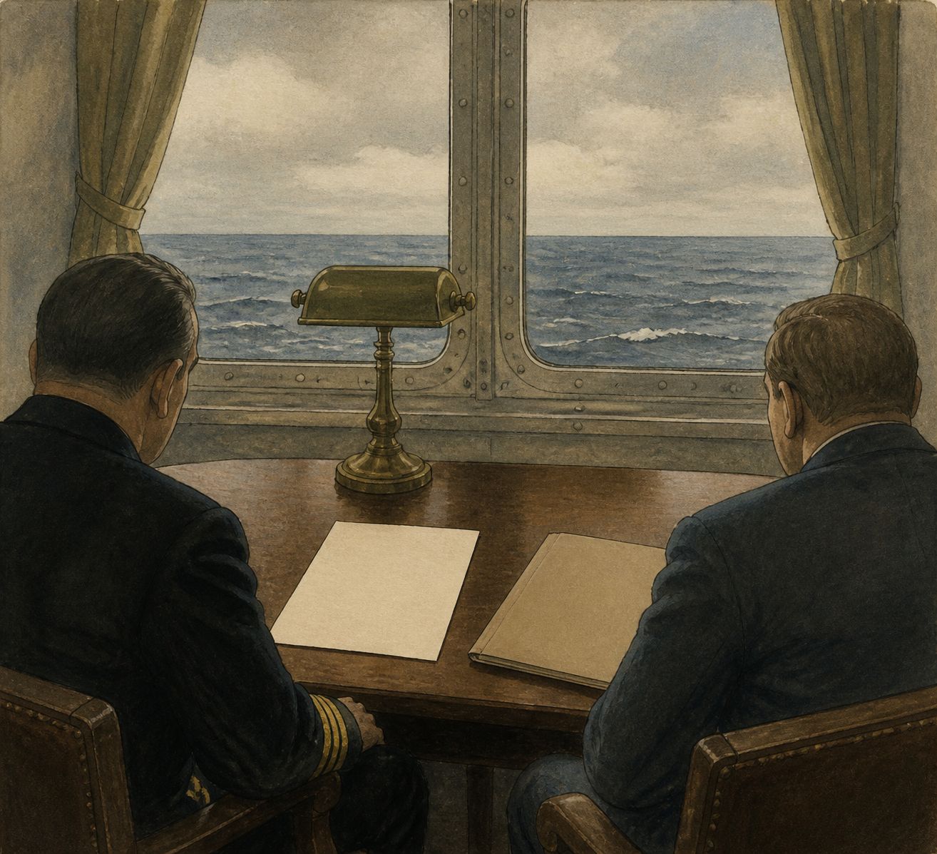 Two anonymous figures seen from behind sit with blank documents and a closed folder in a shipboard cabin