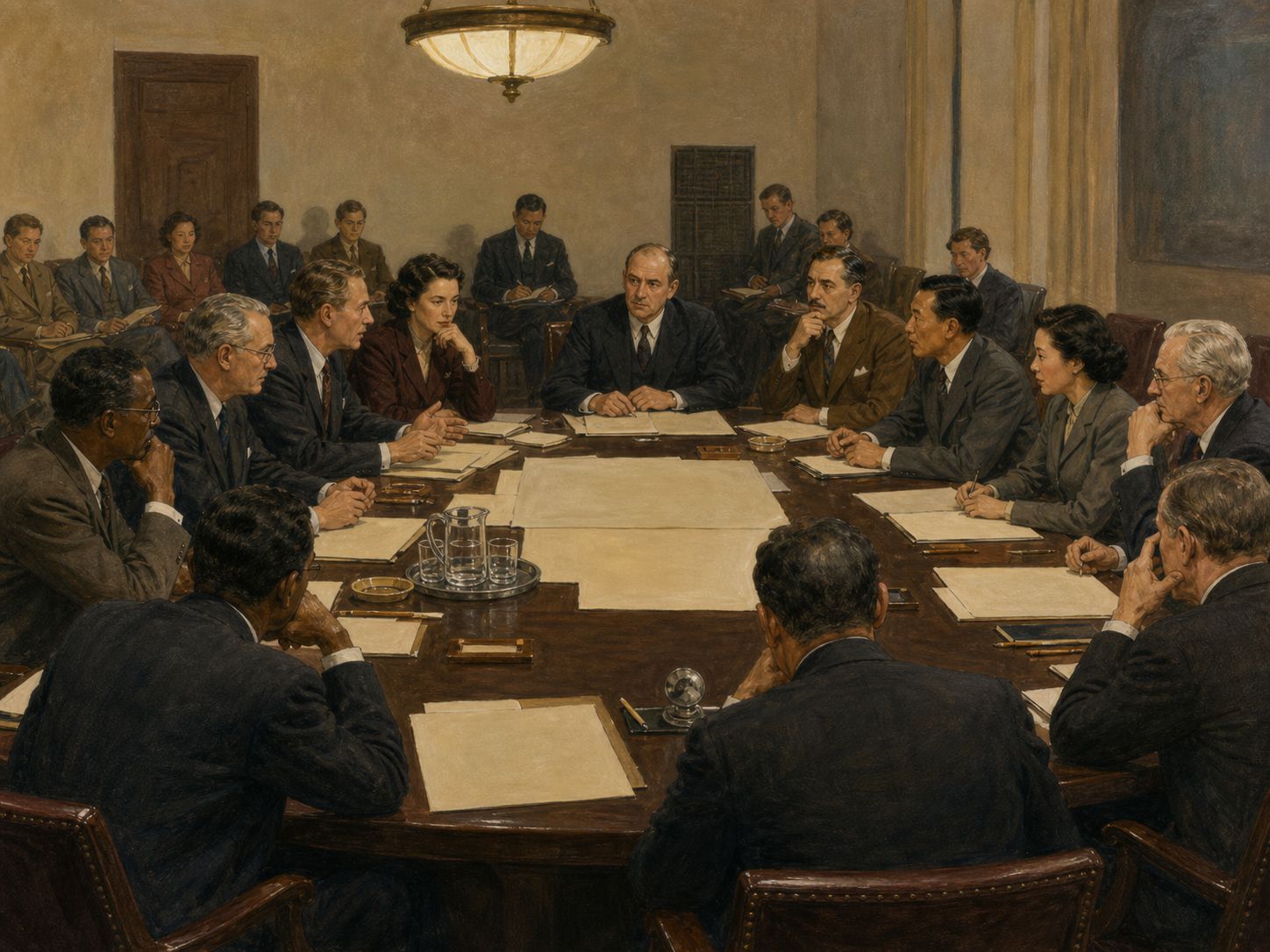 Delegates from different places gather around a central table and debate over blank documents