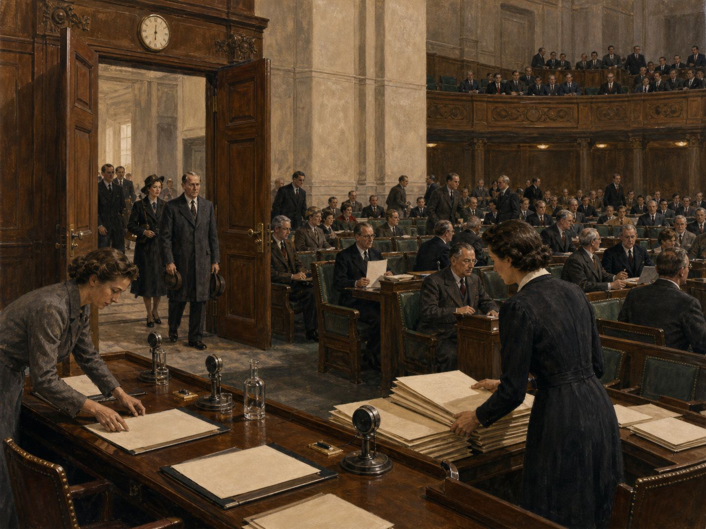 Officials and delegates work through blank documents in a London chamber