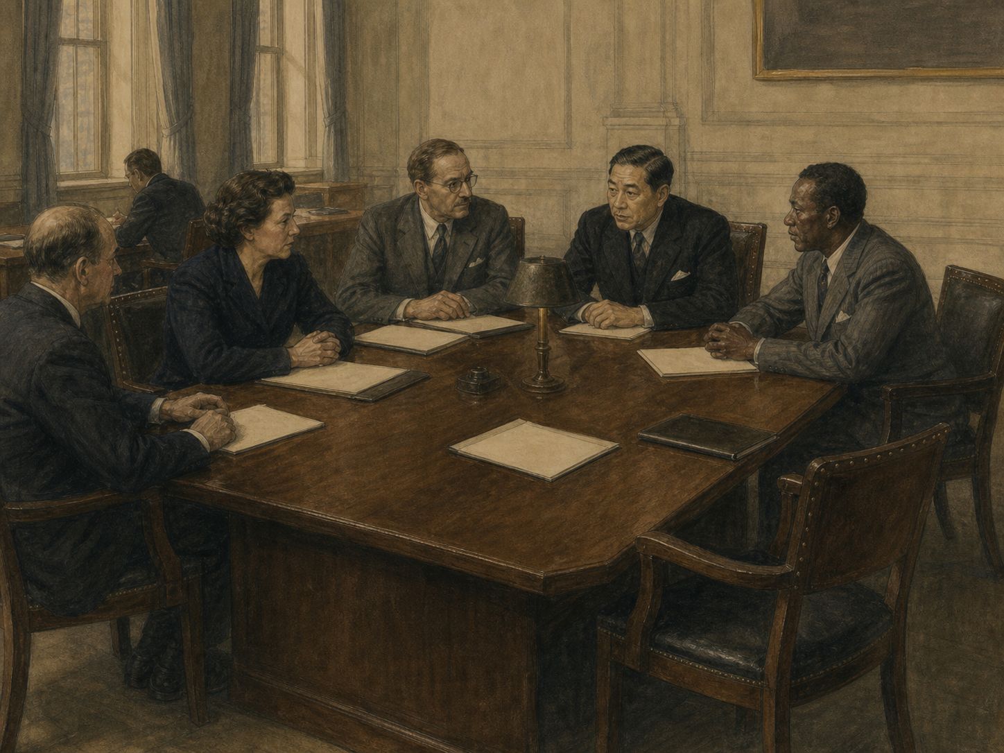 Delegates from different places share a table and consider blank documents