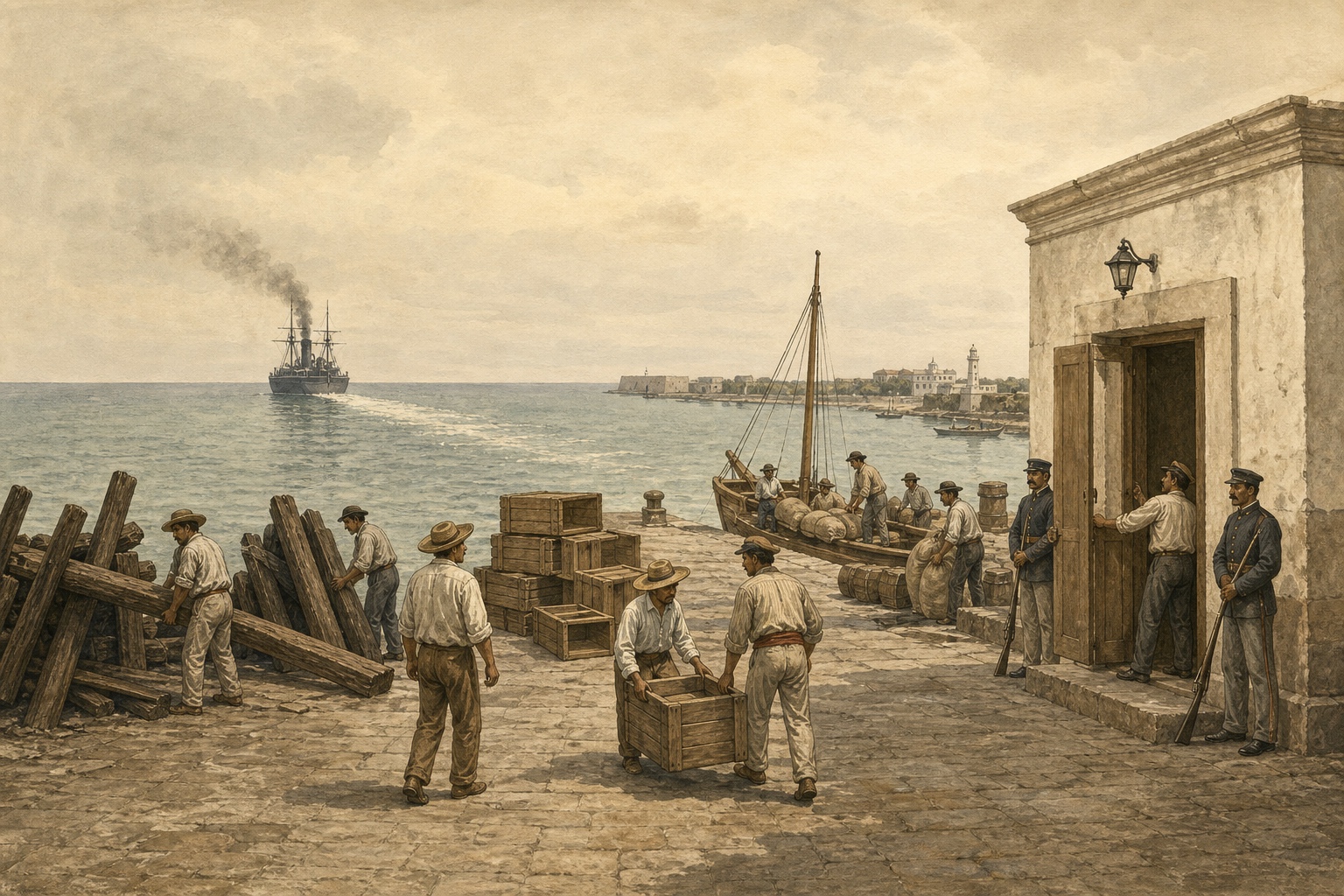 Mexican workers clearing harbor barricades and reopening customs as a steamship recedes offshore