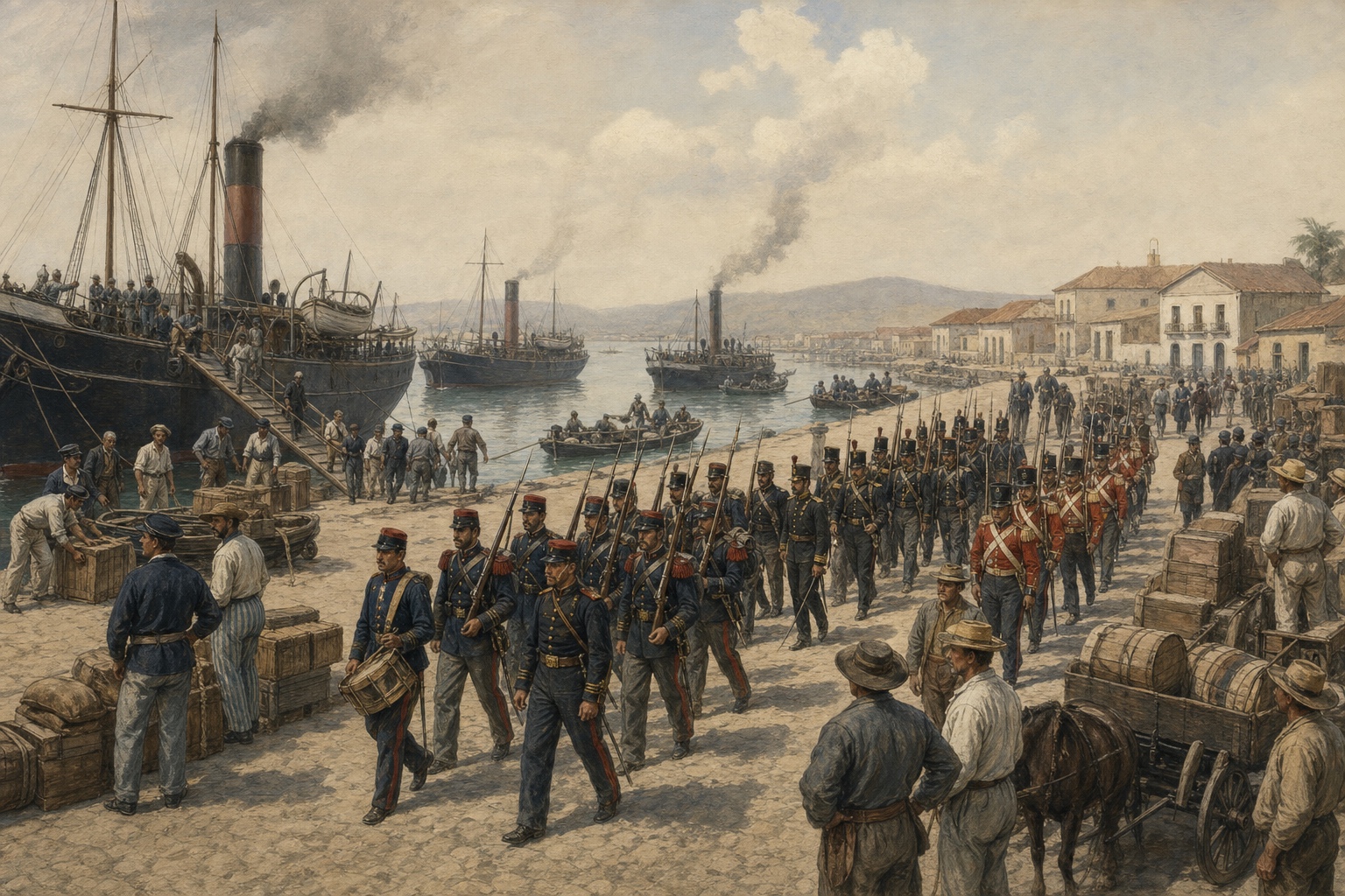 British, French, and Spanish soldiers landing from steamships and forming three columns at Veracruz