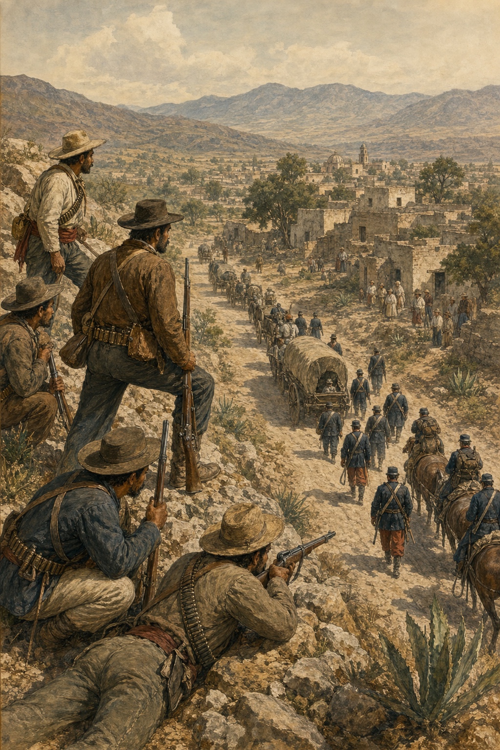 Mexican republican fighters overlooking a French-backed imperial column withdrawing along a road from a highland town