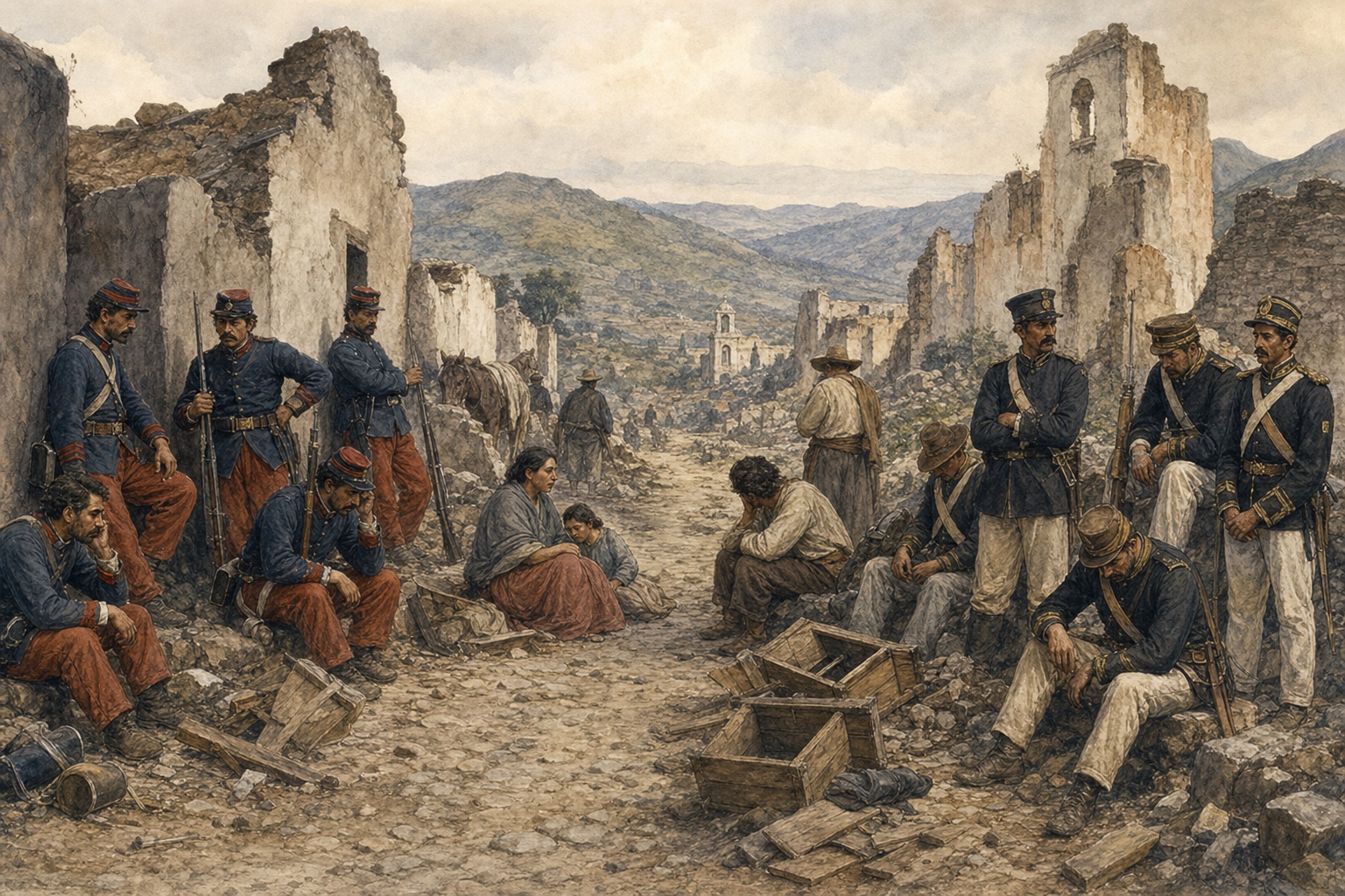 Two exhausted Mexican armies and civilians gathered among the ruins of a highland settlement