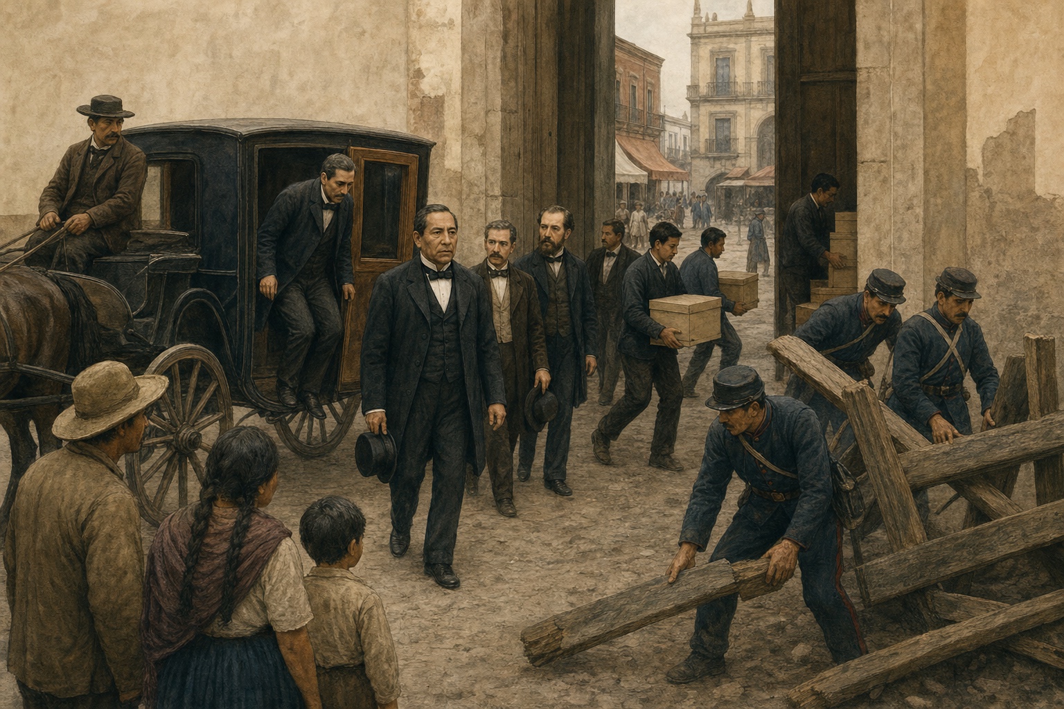 Juárez and his ministers returning by carriage as Mexican republican soldiers remove a palace-gate barricade