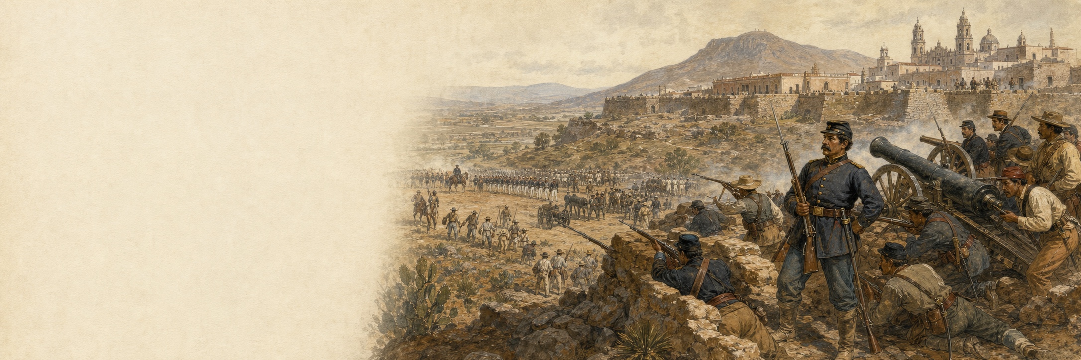 Mexican republican soldiers manning a highland battery against troops advancing across the valley