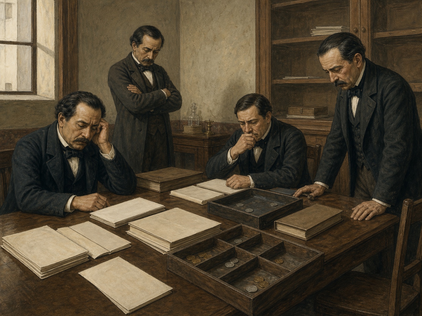 Mexican government officials considering depleted finances beside nearly empty coin trays and blank papers