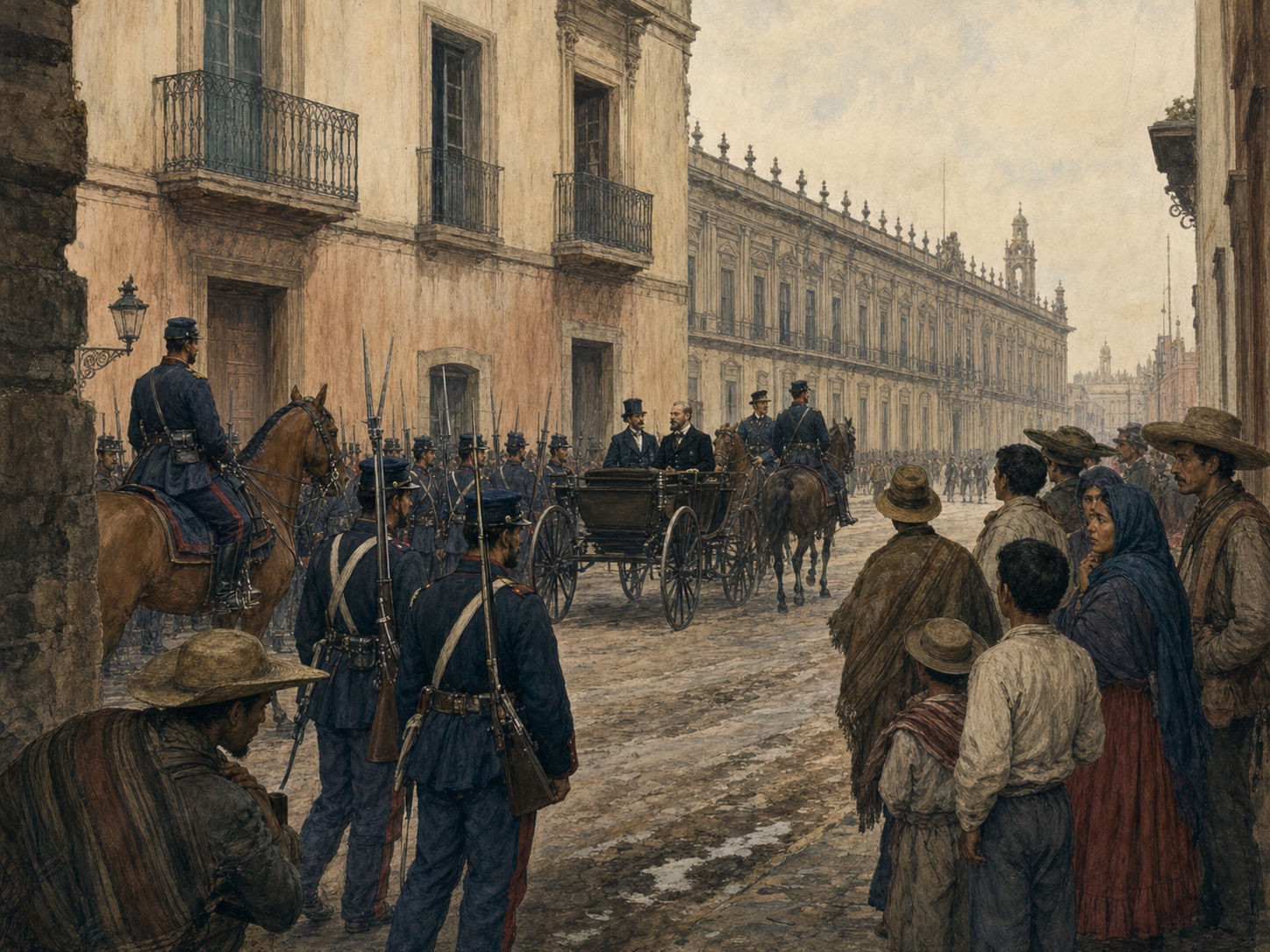 Blue-uniformed soldiers and a carriage moving through a Mexico City street as wary civilians watch