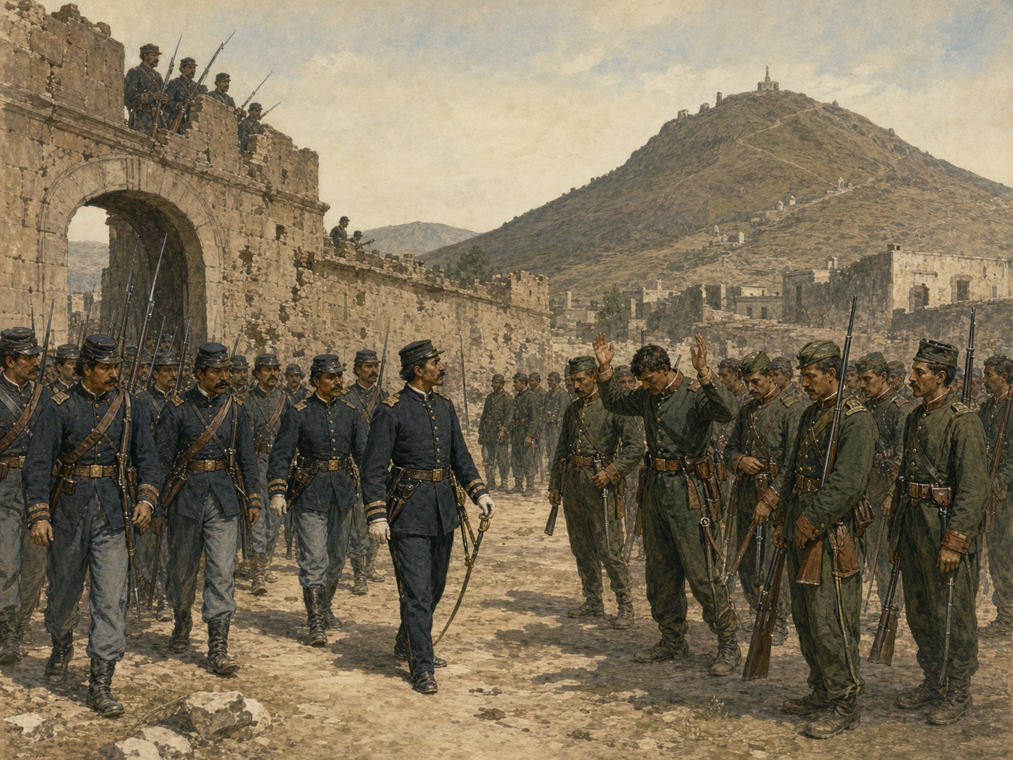 Mexican republican troops receiving the surrender of Mexican imperial soldiers at a stone position in Querétaro
