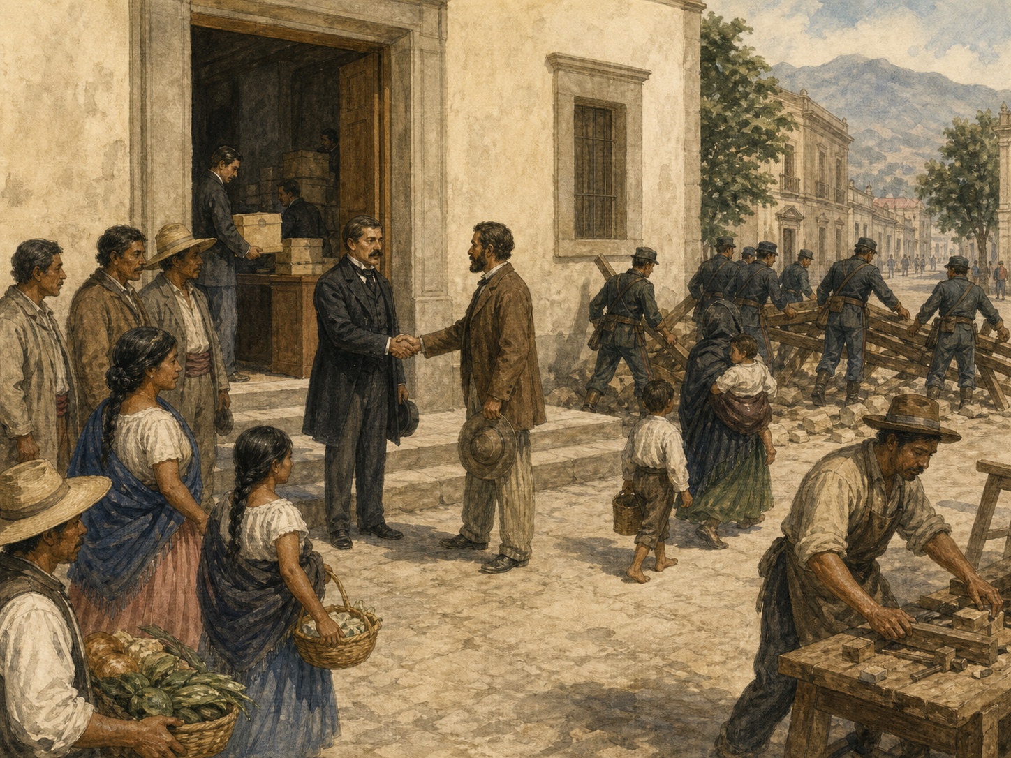 Civic representatives shaking hands outside a government building as Mexican republican soldiers clear a street barricade