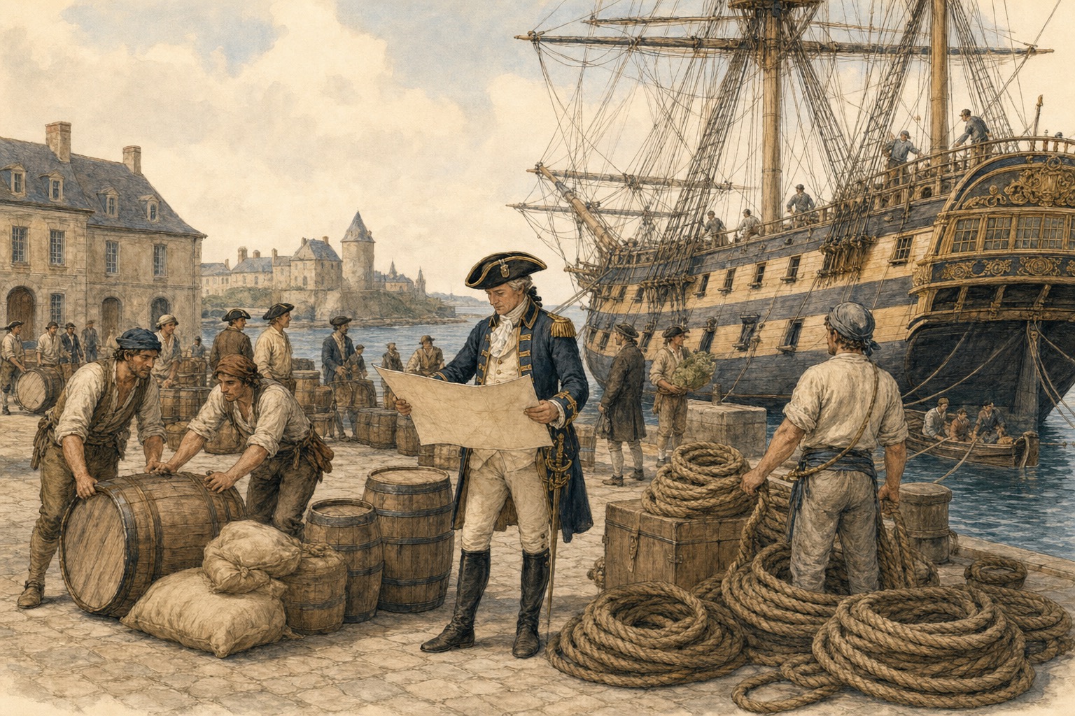 A French officer holding a sea chart as workers load supplies beside a sailing warship in port