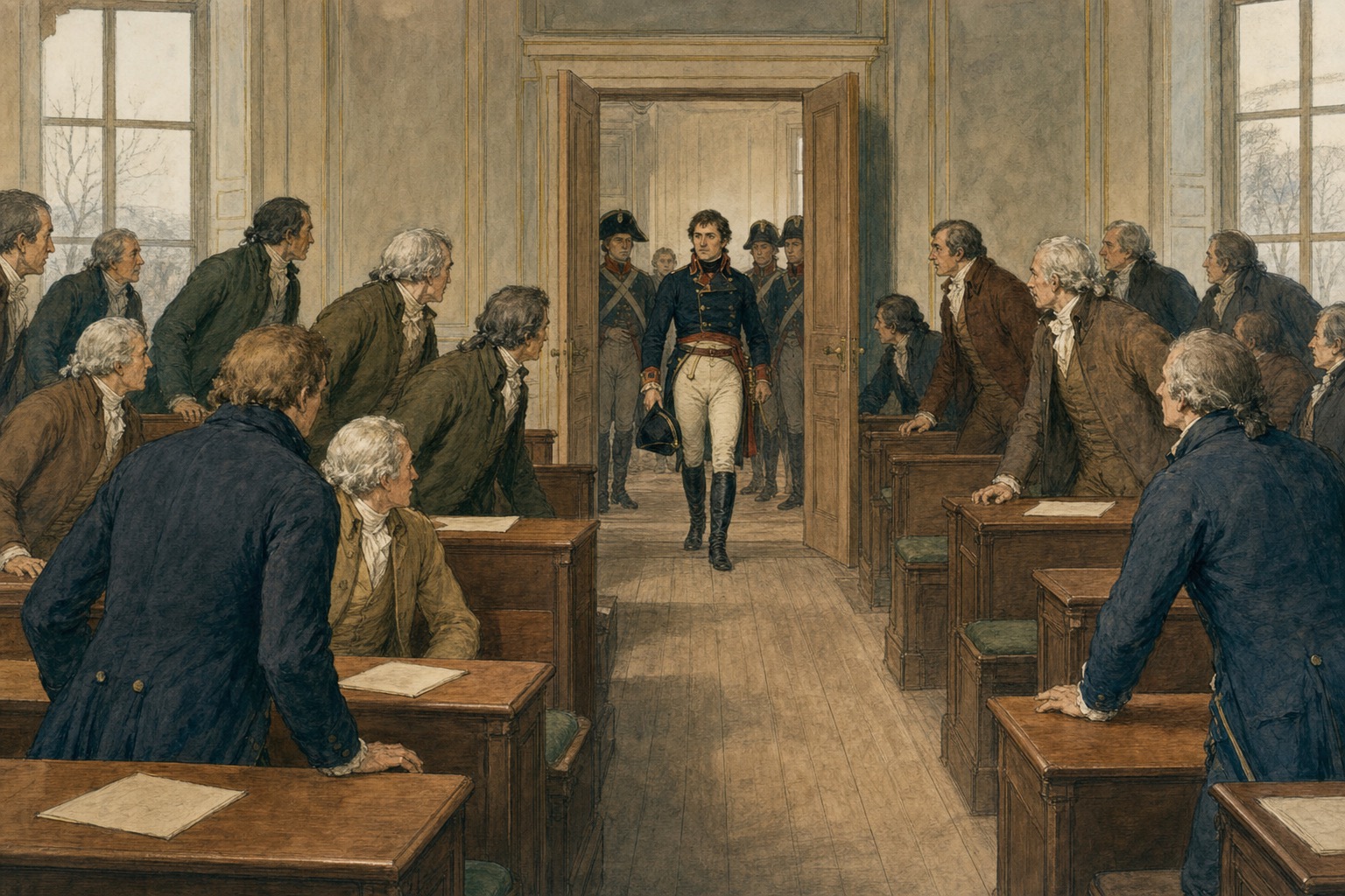 A uniformed general entering a council chamber as legislators rise from their benches