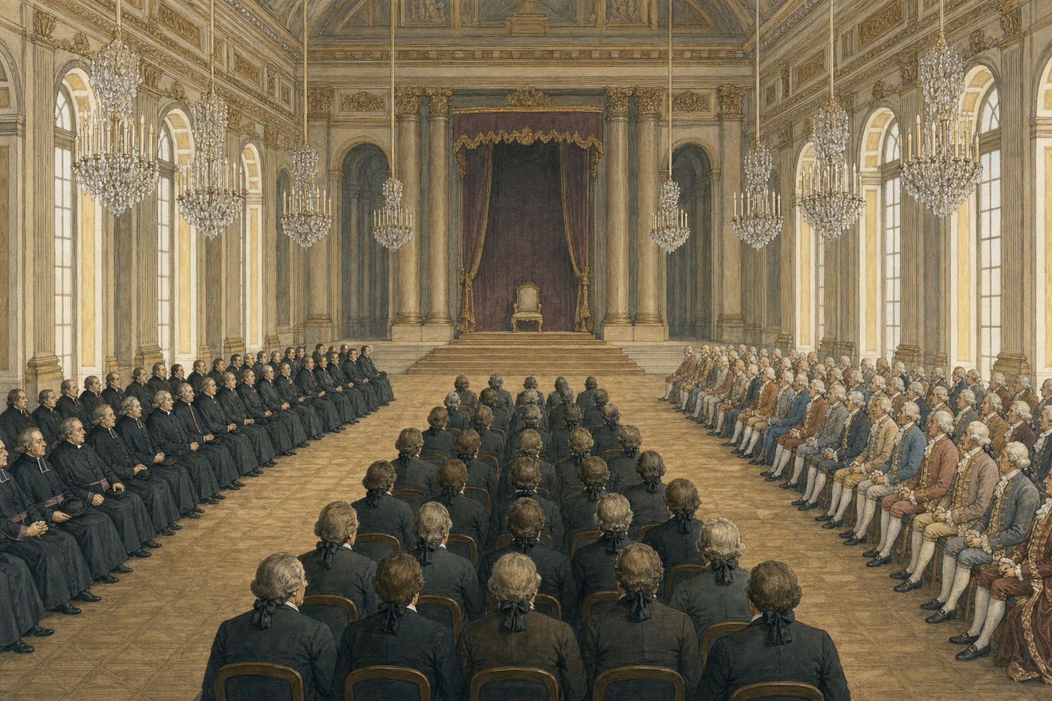A ceremonial hall where clergy, nobles, and the Third Estate sit separately before an empty throne