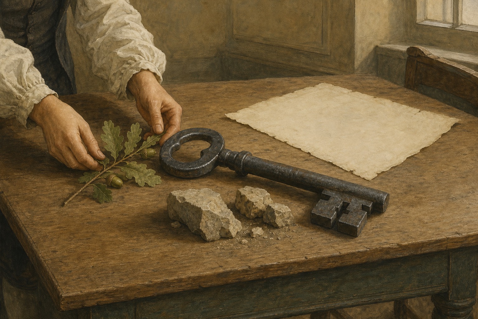 Hands placing an oak sprig beside a large iron Bastille key, stone fragments, and blank paper