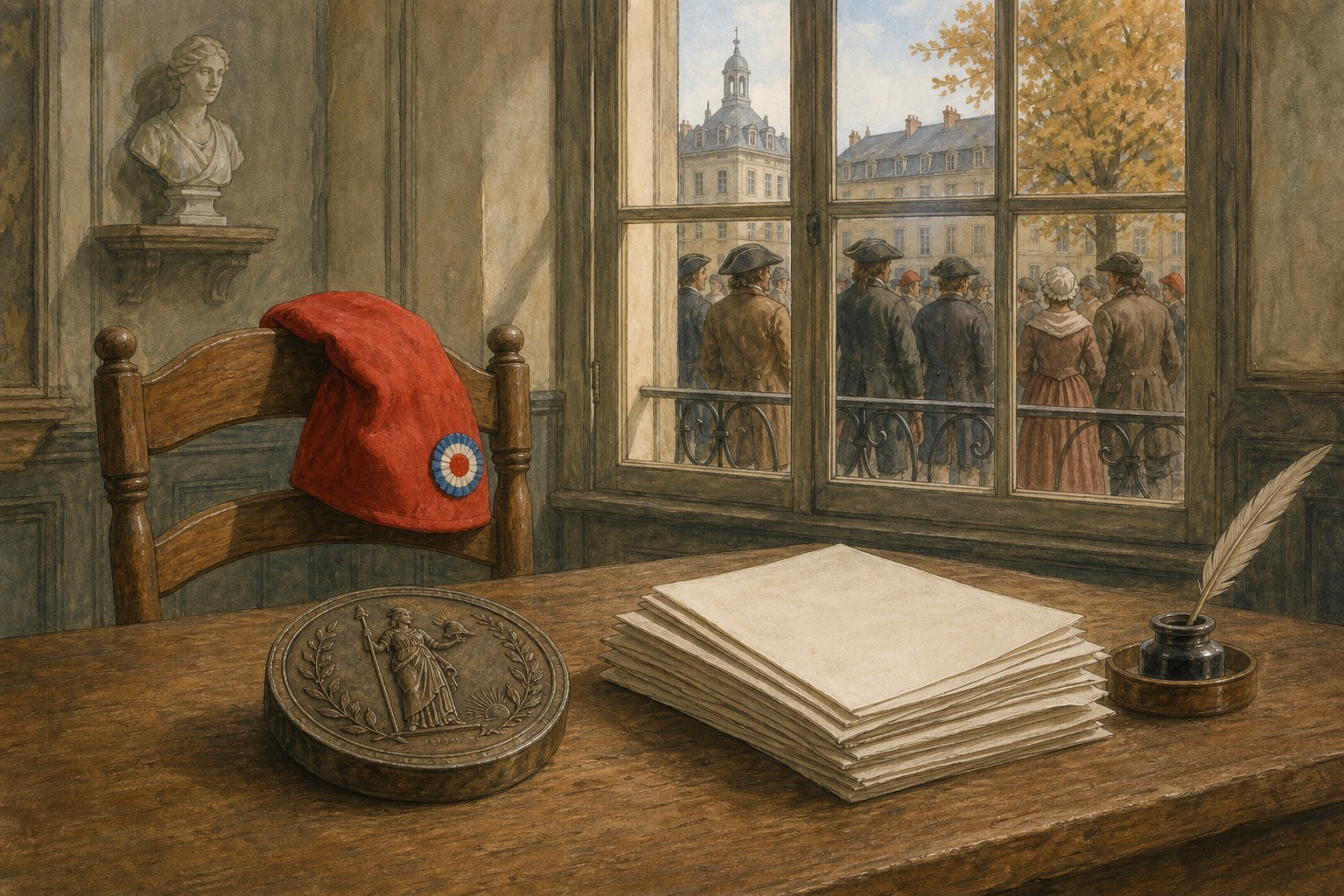 A red cap of liberty, a stack of blank papers, and a pen inside a room looking onto citizens through a window