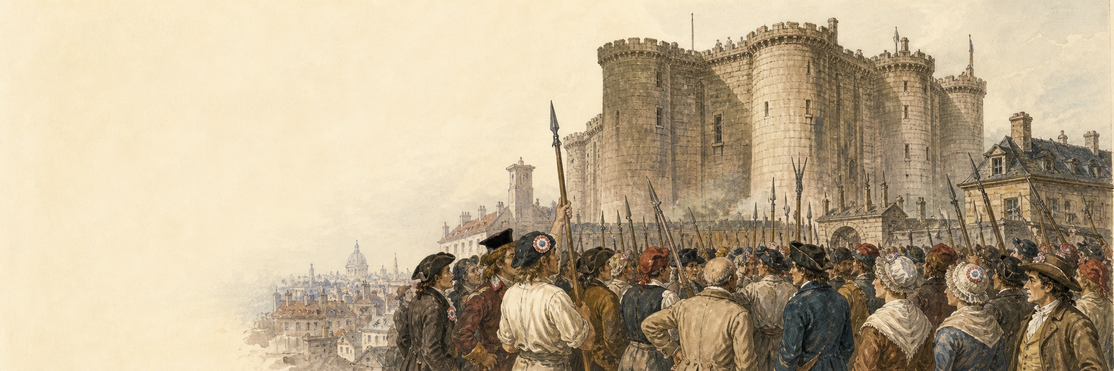 Late eighteenth-century citizens gathered before the Bastille with the Paris skyline behind them