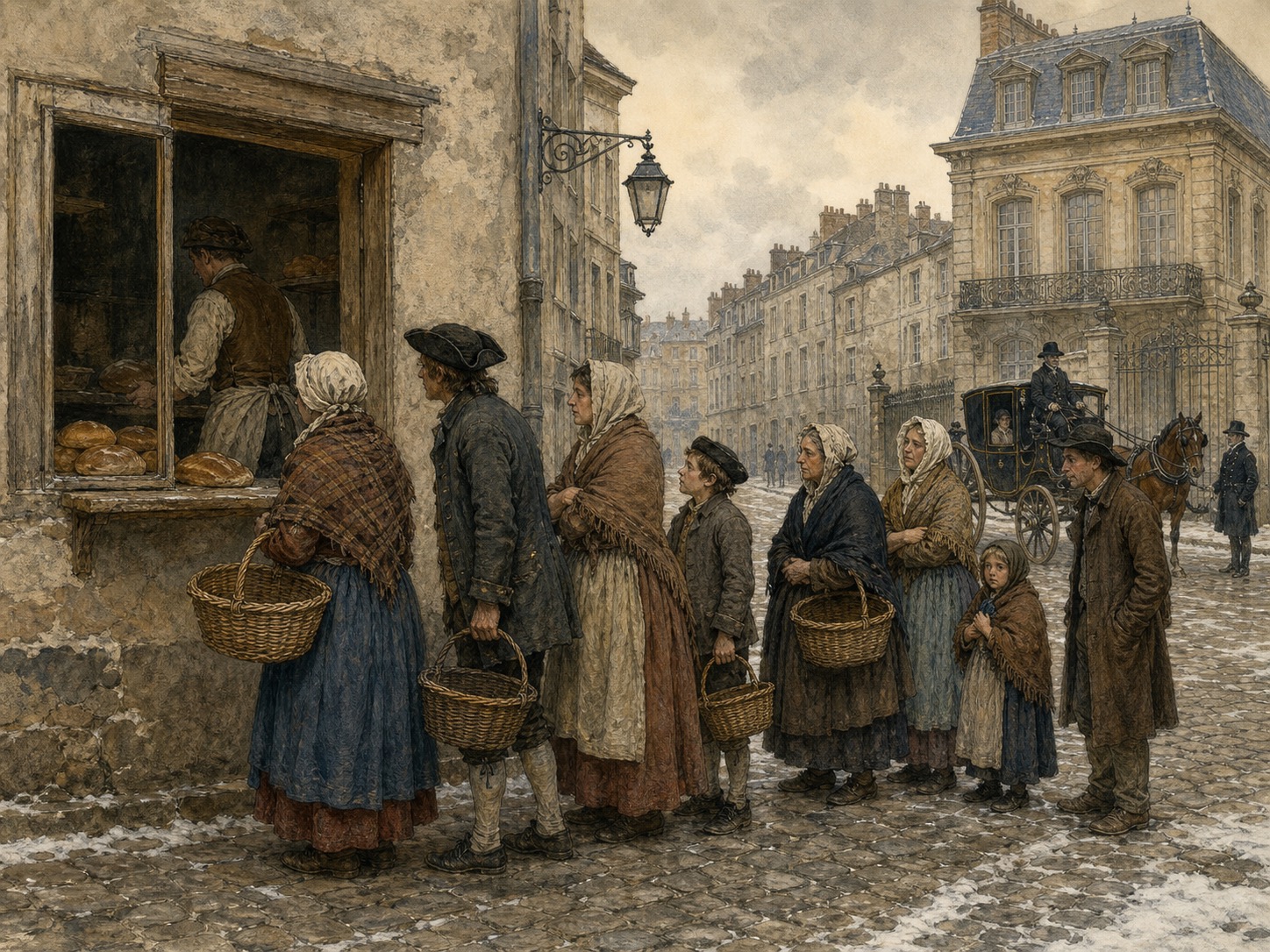 Citizens queueing for bread outside a shop in winter Paris while a carriage passes down the street