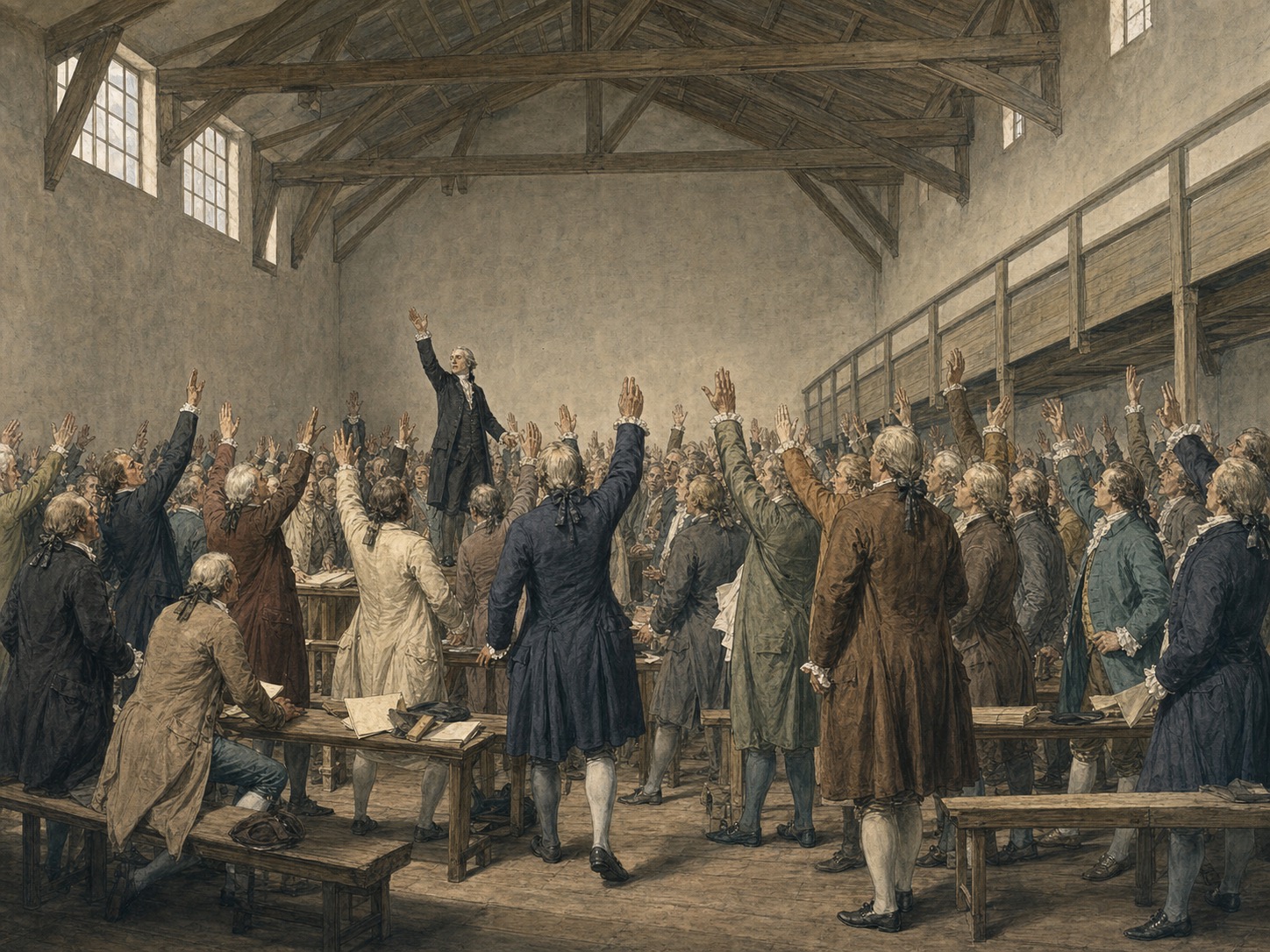 Third Estate deputies raising their hands together inside the Tennis Court at Versailles