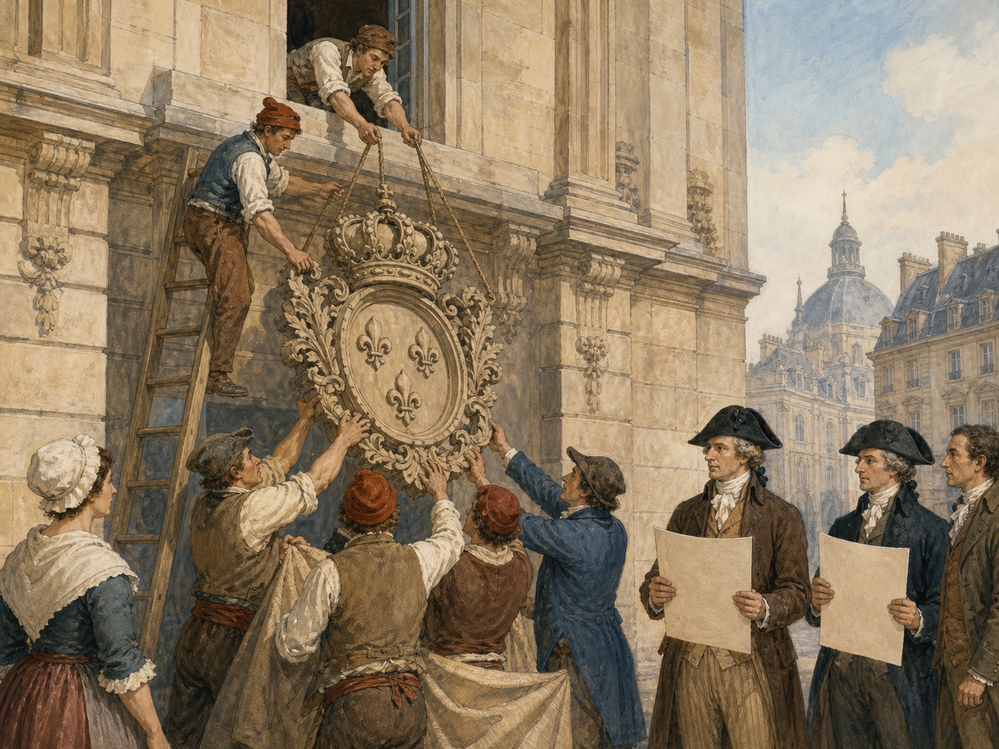 Citizens lowering a carved crown and fleur-de-lis emblem from a Paris building